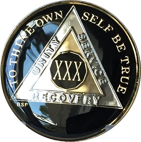 Miniatura 7 de 30año clásico negro AA alcohólicos anónimos Medallón chip Tri placa chapada en oro & Níquel Serenidad Oración