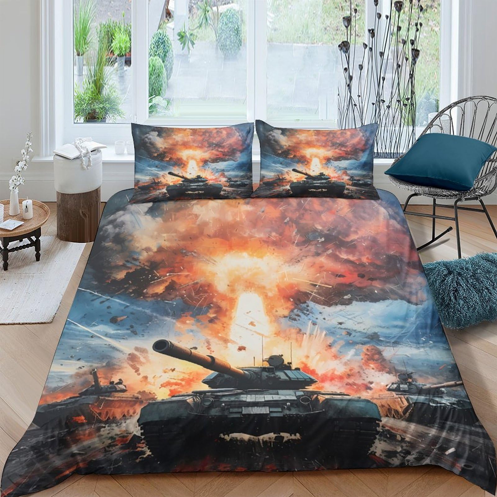 Ctjqhvkz Style-5 3D Printed Explosion Battle Tank Fitted Sheet Microfiber Soft Anti-Slip Bed Cover For Bedroom Dorm Mattress Protection Decor Single（135X200cm）