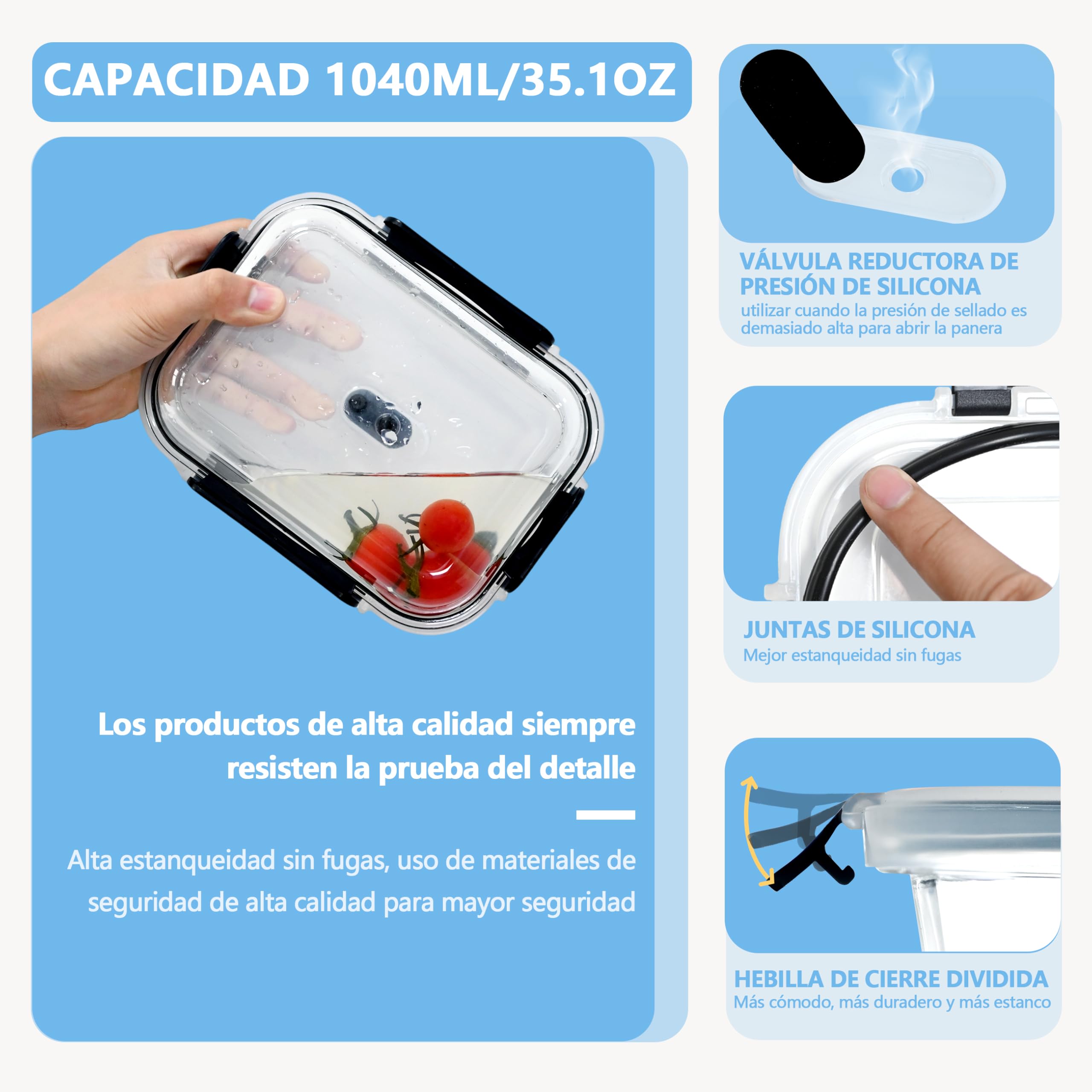 ERUIV Recipientes de Cristal para Alimentos - Juego de 6 - Tapers Herméticos 1040 ml - Con Tapa - Sin BPA - Aptos para Lavavajillas, Congelador y Microondas