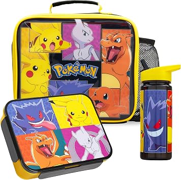 Get Trend Pokemon Kids Insulated Lunch Bag 3Pc Set with Bento Box & 20 fl oz BPA-Free Water Bottle with Straw, Lightweight Kids Lunch Box, Pikachu Anime Gifts for Gamers