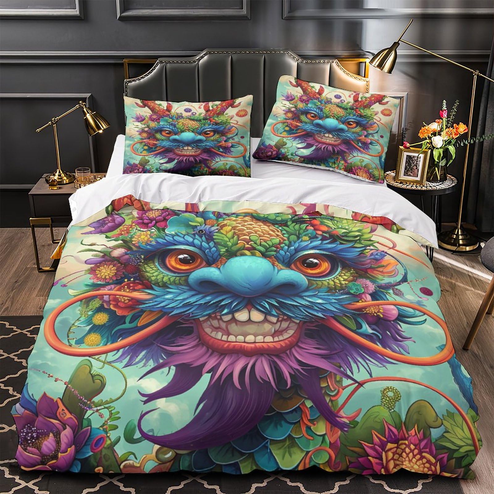 Stampato in 3D Loong cinese Copertina Stampata Microfibra Disegnata Biancheria Da Letto Con Chiusura A Cerniera Set 3 Pezzi,Double（200x200cm）, Per Ragazzi Adulti