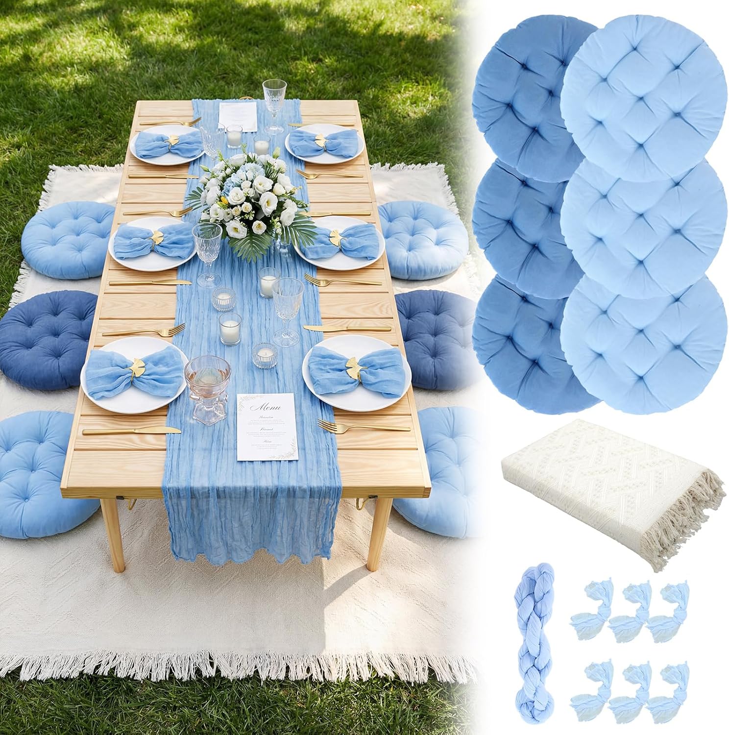 Beeveer 91 x 71'' Extra Large Outdoor Picnic Blanket with Blue Picnics Table Runner 6 Napkins and 6 Blue Floor Pillows Cushions for Picnic Party Camping Wedding Bachelorette Birthday Baby Shower Decor