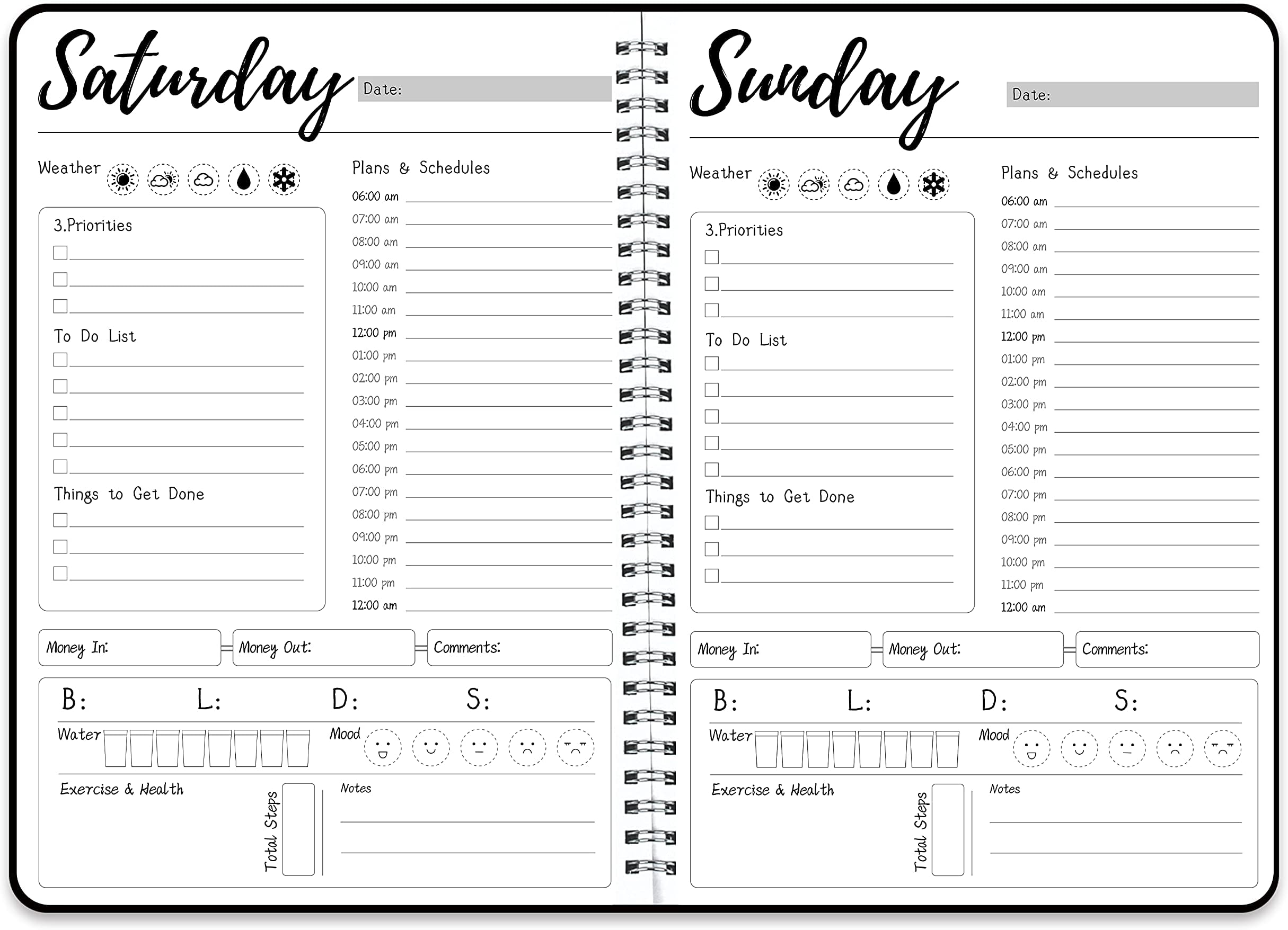 Weekly Work Planner with Hourly Schedules, To Do List, Tasks, Expense Tracker 7 Days Daily Planner Self-Care for Organizing Meals, Water Take-in, Mood, Exercise & Health, 10 x 7.3 inches