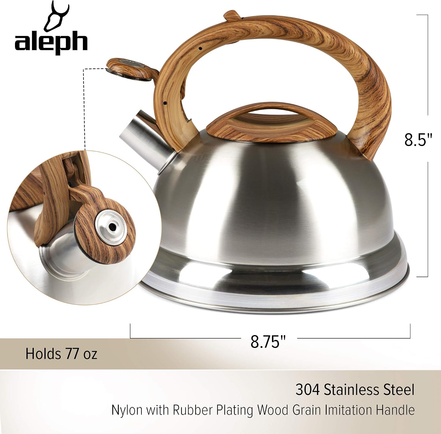 Whistling Tea Kettle with 5 Layer Bottom, 2.4 Quarts, Brushed Stainless Steel - Modern, Polished Tea Pot with Wood Grain Handle for Gas, Electric, Induction, Ceramic Stovetops - Cooktop Kettles
