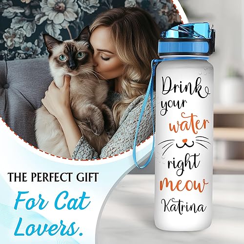 Vista 3 de Hyturtle Botella de agua personalizada para gatos, botella de agua motivacional de 32 onzas con tapa a prueba de fugas y marcador de tiempo, sin