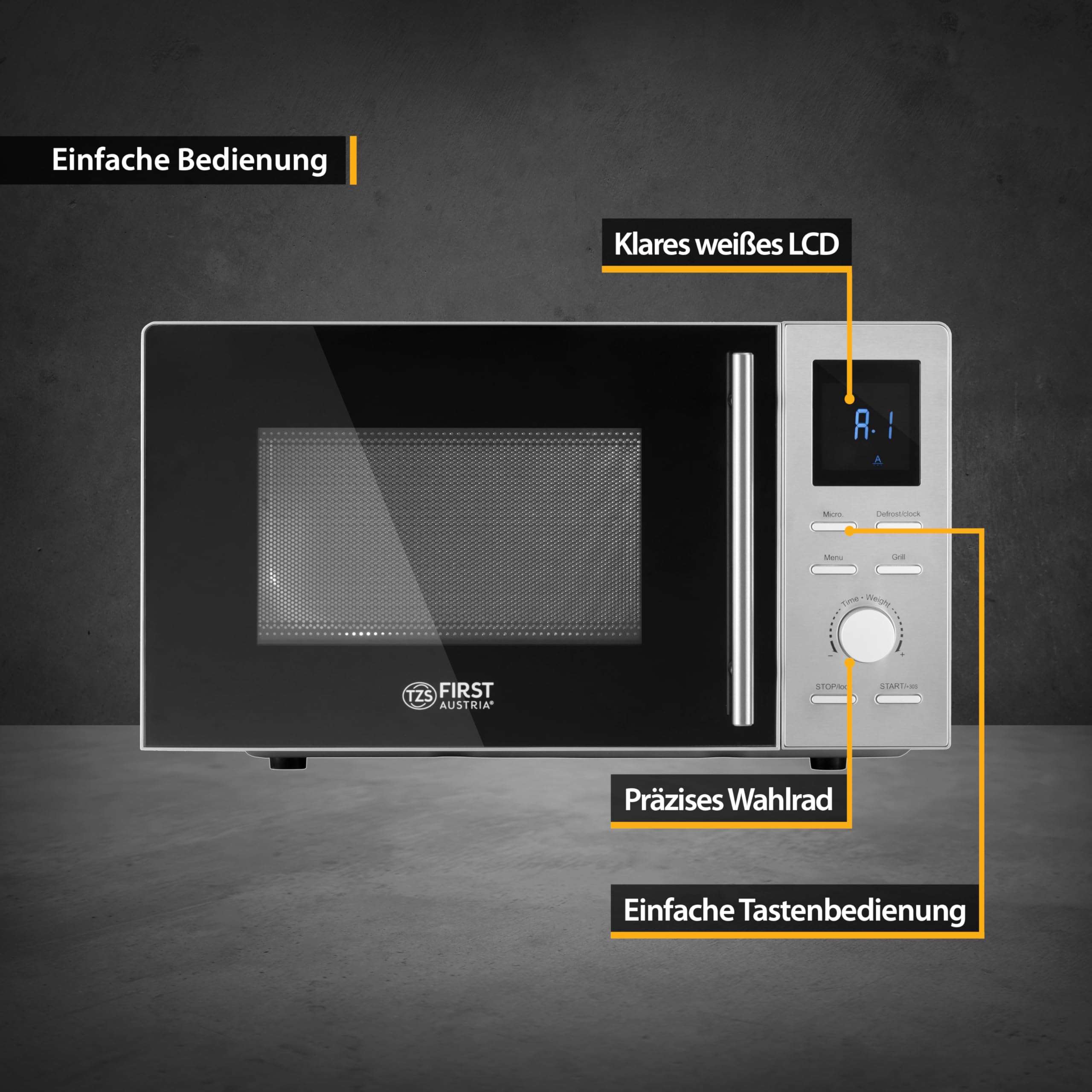 TZS First Austria - Mikrowelle mit Grill - 2-in-1 Mikrowellenofen - 20 Liter - 700 W Mikrowelle & 800 W Grill - Schnellstart - 8 Programme - LCD-Display - Edelstahl