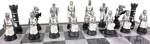 Miniatura 8 de Medieval Times Crusades Knight - Piezas de ajedrez maltés rojo y azul con tablero de color de fibra de carbono negro de 18 pulgadas