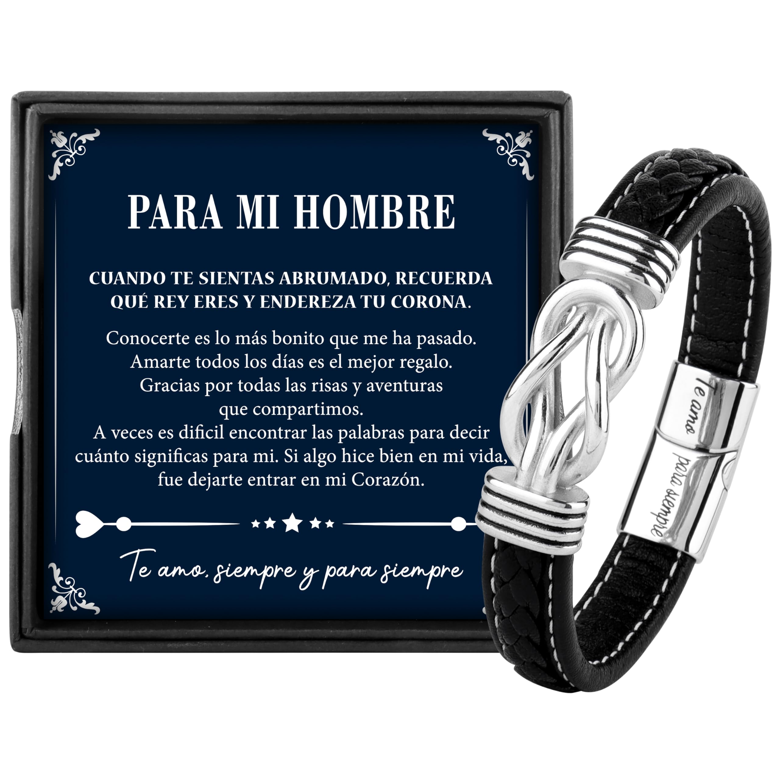 Rebundex Regalos Originales para Hombre Pulsera Cuero Hombre Plata, Regalo para Hombre Regalo Novio, Regalo Aniversario Pareja Regalos Navidad Hombre Regalos San Valentin