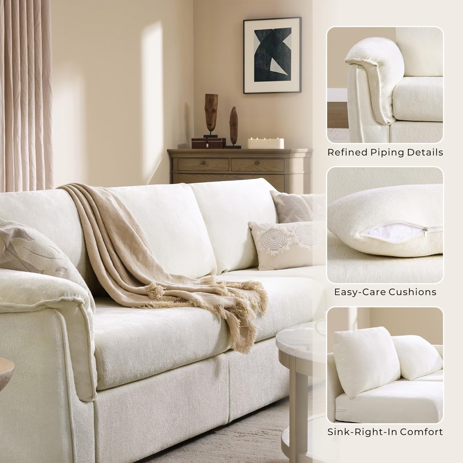 CHITA Extra Large Sectional Couches for Living Room, Cloud Modular Sectional Sofa with Chaise and Console Table, Ottoman with Storage, 3 Seater L Shaped Couch, Chenille in Cream