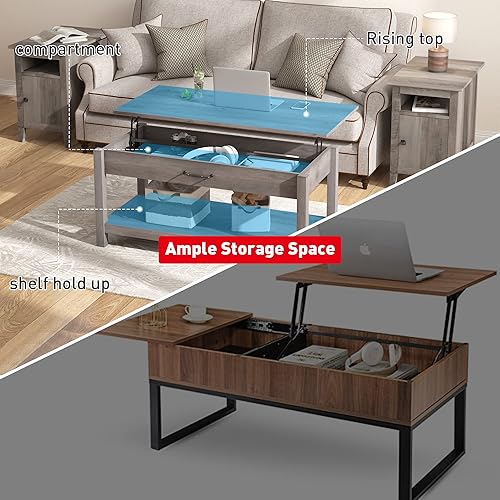 Miniatura 6 de JAXPETY Mesa de centro de madera con parte superior elevada, mesa central de madera con compartimento oculto y almacenamiento abierto para el hogar,