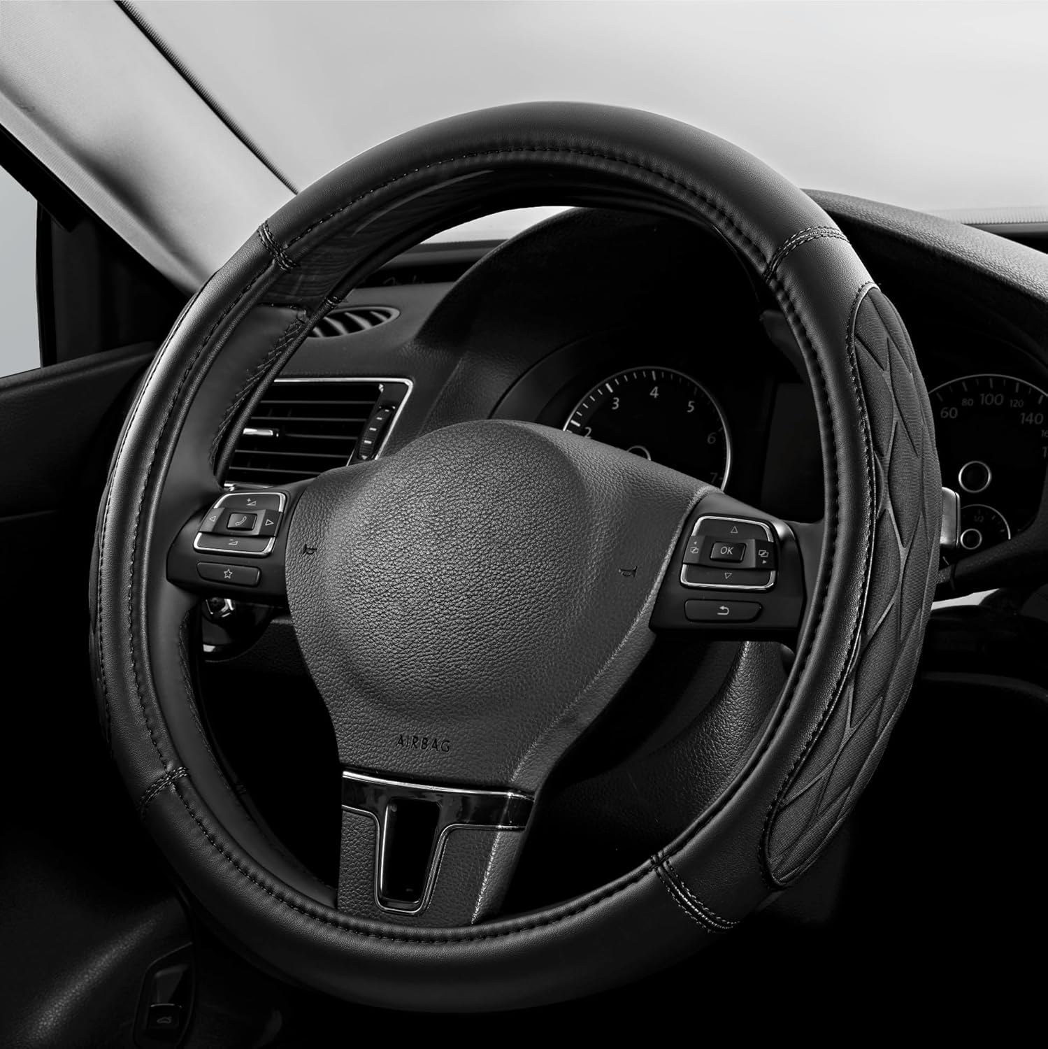 PIC AUTO Steering Wheel Cover, Black Thick Rhombic Foam and Premium Leather, Universal 14.5-15.5 Inch Breathable Anti-Slip Steering Wheels Accessories for Men & Women