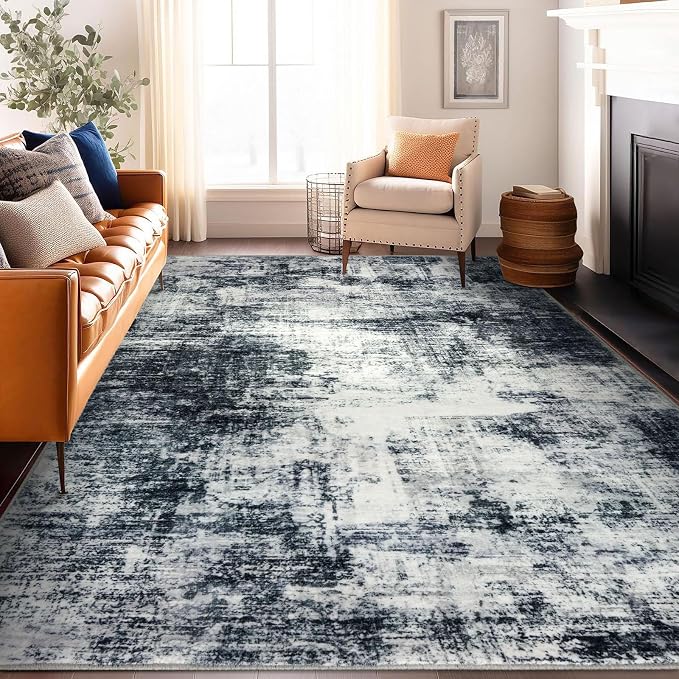 IOHOUZE Abstract Area Rugs 8x10 Ft Washable Large Rugs for Living Room, Non Slip Dining Room Rug, Printed Faux Wool Rugs for Bedroom, Floor Carpet for Office Nursery Playroom, Black Grey