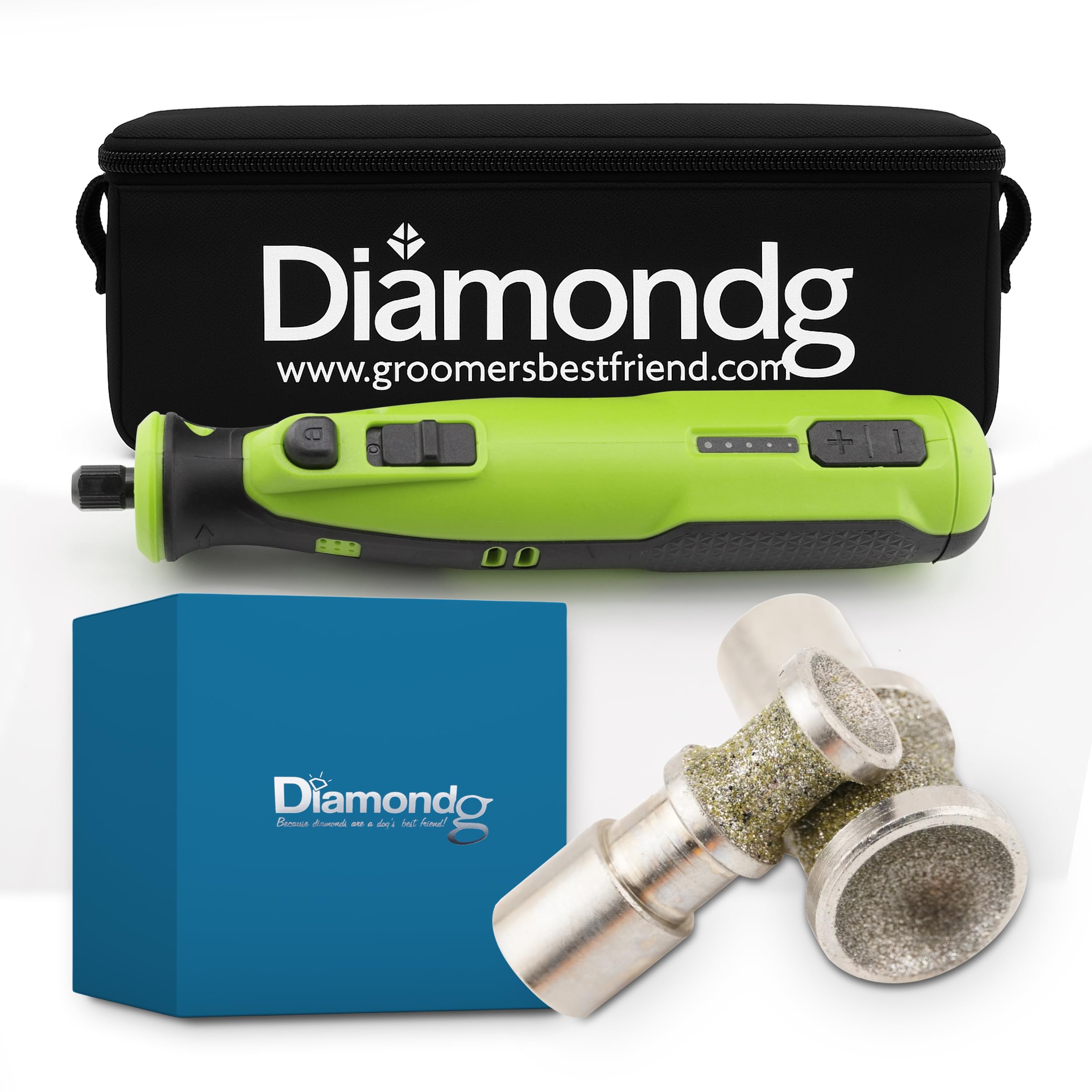 Diamondg Cordless Dog Nail Grinder with Quiet Sound & LED Tip for Large & Small Dogs, 4hrs. Runtime, 2 Bits Included, Green