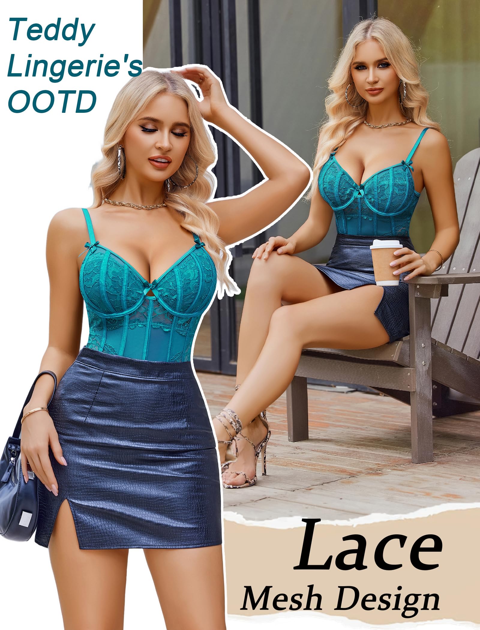 Avidlove Bodysuit for Women Sexy Lace Top One Piece Lingerie V Neck Mesh Tops Going Out Cami Naughty Push Up Body Suit S-XXL: Medium Blue Green