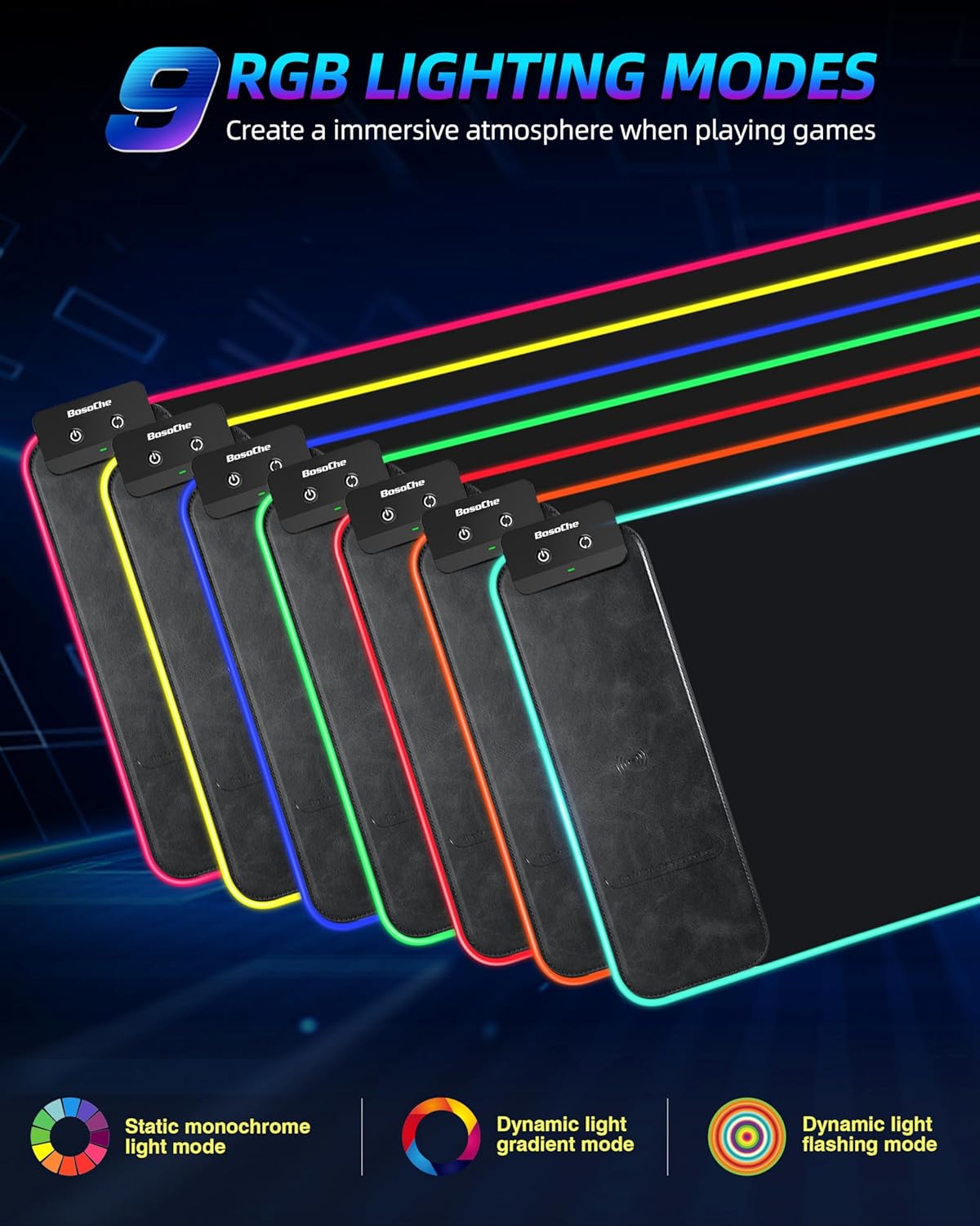 Wireless Charging RGB Gaming Mouse Pad 10W, 31.5"x11.8" Large Desk Mat, 9 Light Modes, Non-Slip Rubber Base, Waterproof Computer Keyboard Mat for Gaming