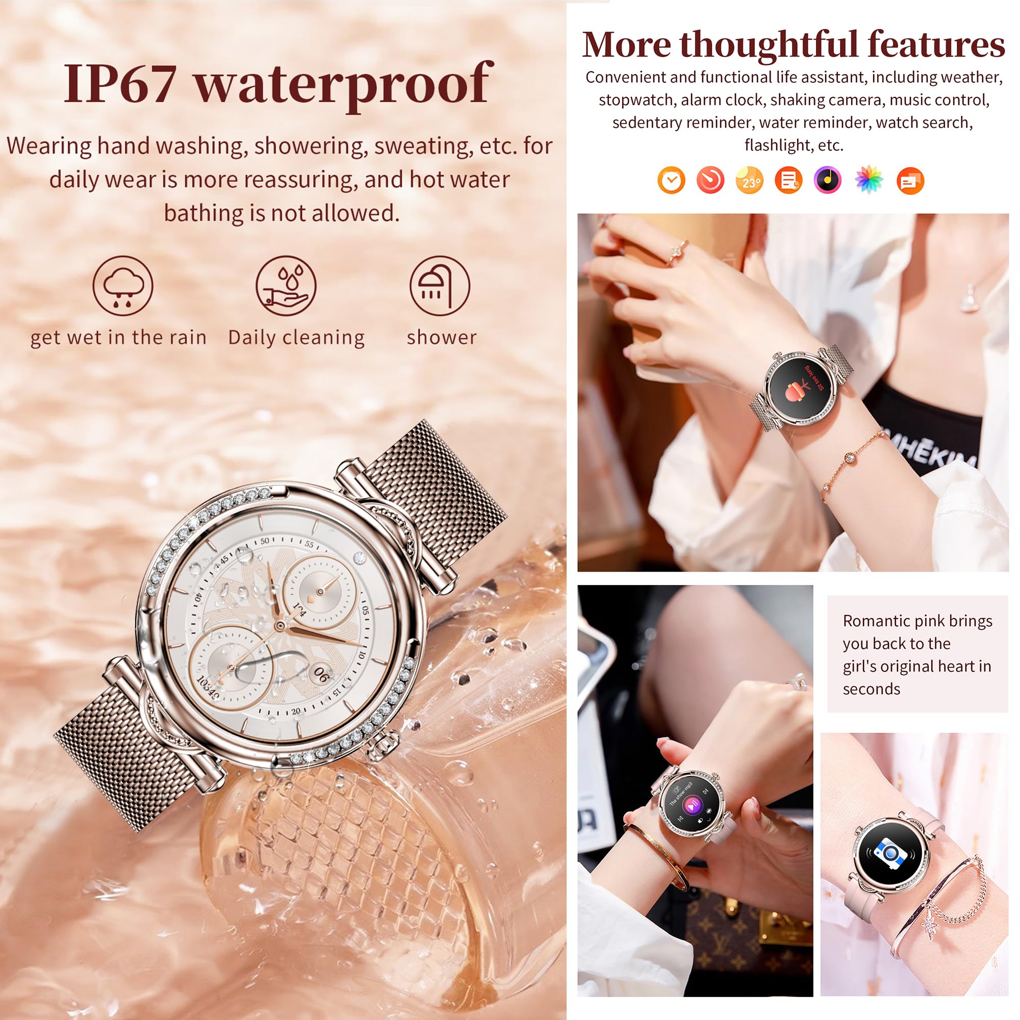 Reloj Inteligente Mujer con Llamada y Whatsapp, 1,27" IP68 Impermeable Reloj Smartwatch Mujer con 123 Deportivo, Diamante, Monitor Sueño, Oxígeno Sanguíneo, Podómetro, Pulsómetro Android iOS (Oro)