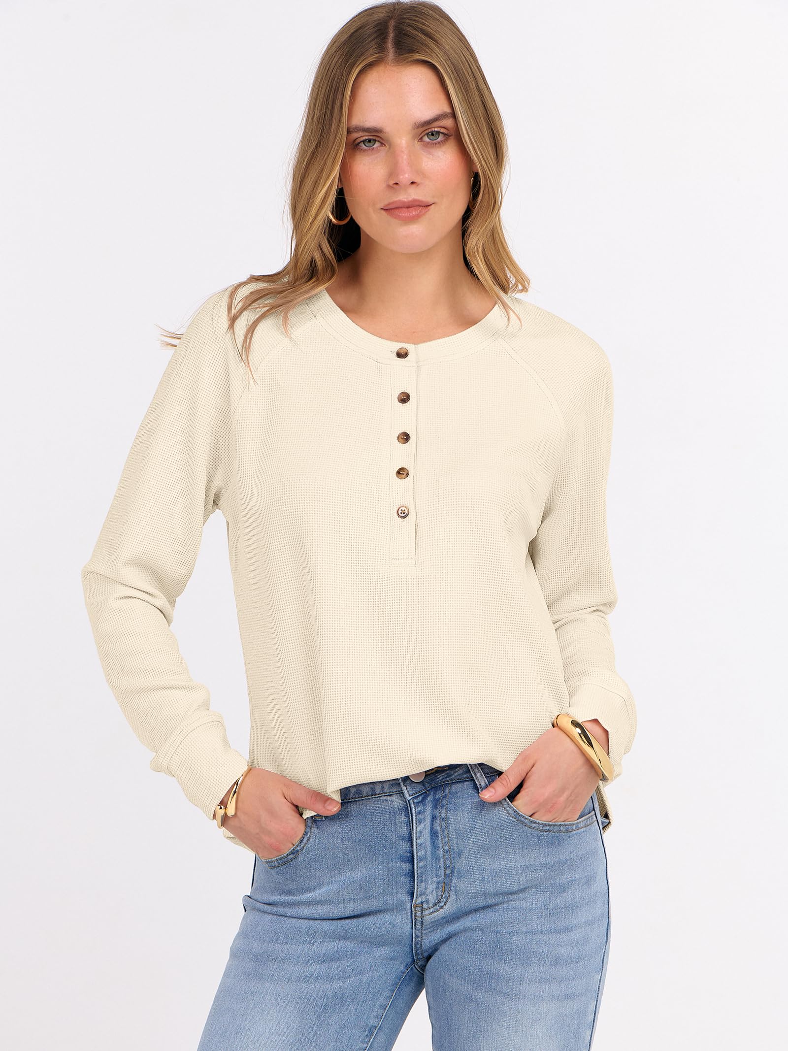 ANRABESS Women's Long Sleeve Waffle Knit Shirts Dressy Casual Loose Button Up V Neck Henley Tops 2026 Fall Basic Tee Blouse