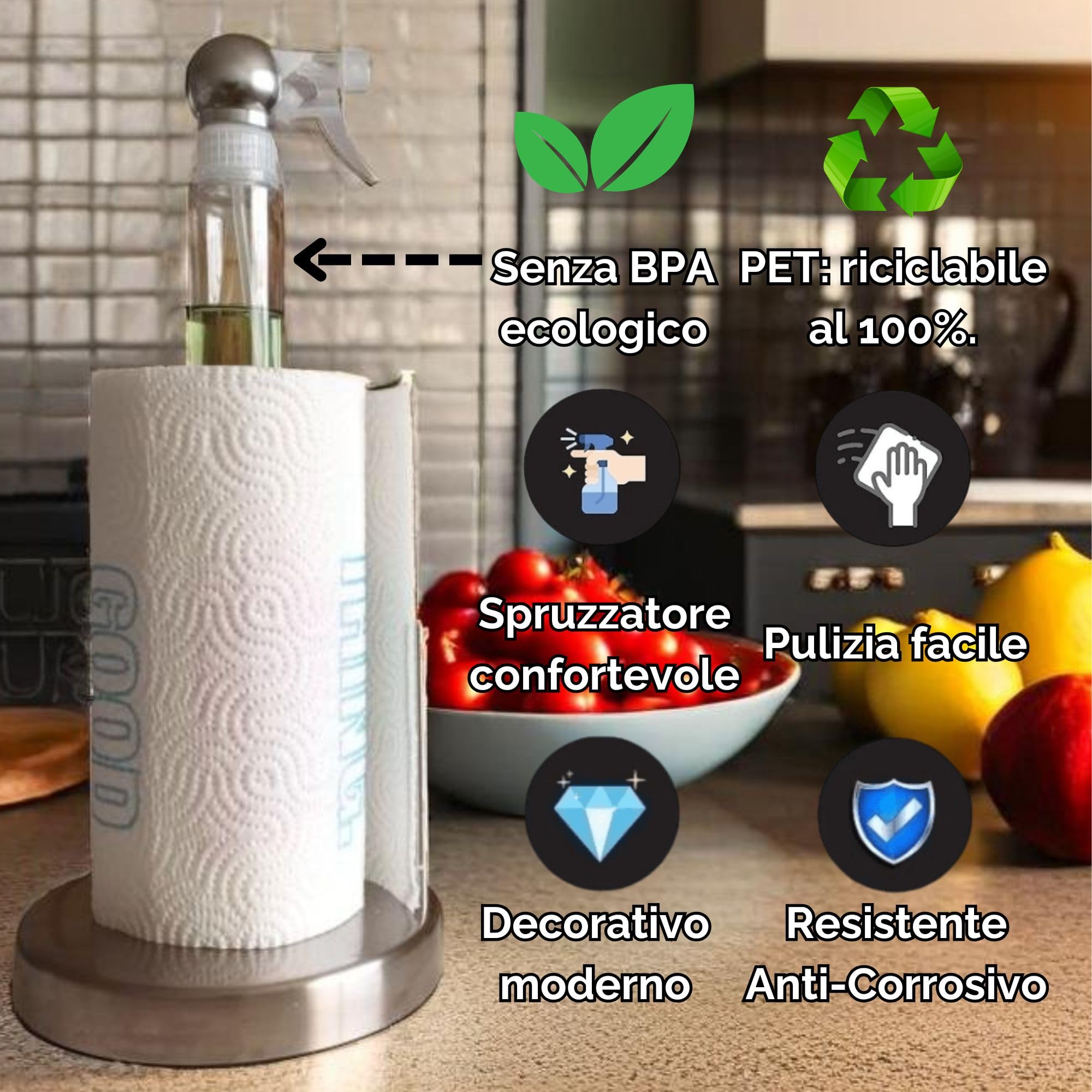 Portarotolo In Acciaio Con Spruzzatore 210ml - Design Moderno Per Cucina E Bagno - Foto 3