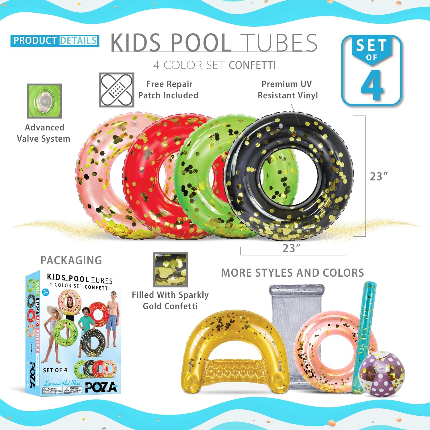 POZA Inflatable Pool Float Tube – Sparkly Confetti Swim Ring, Heavy Duty UV Resistant Inflatable Tube Pool Float for Kids & Adults – Multiple Colors & Sizes – Beach, Lake & Pool Party Float