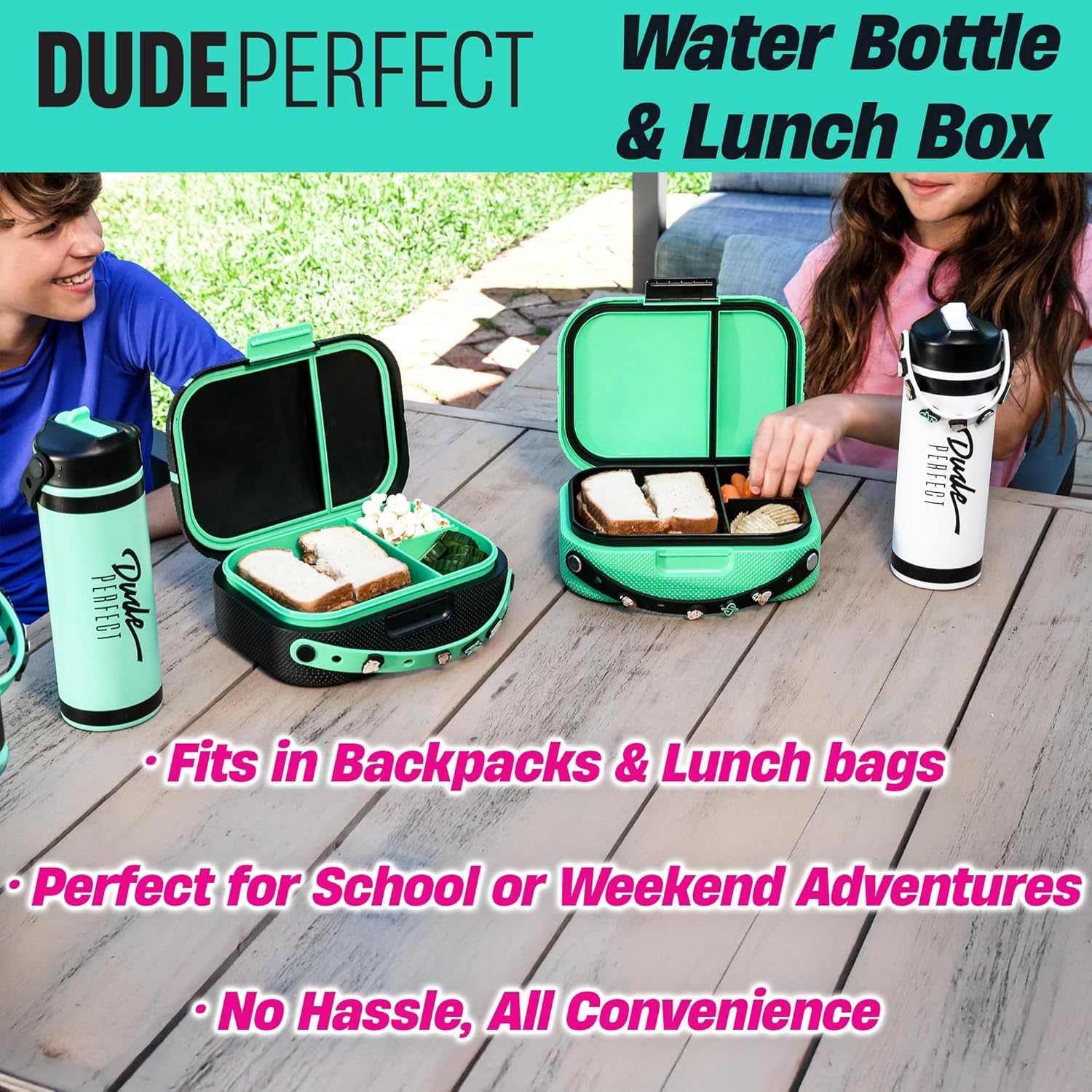 Dude Perfect Water Bottle and Lunch Box Combo with Rare Charms | Leak Proof Bento Box Removable Inner Tray | 24 Oz Stainless Steel Vacuum Insulated | NOGGZ for Custom Carry-Straps | Sports Grip Kids