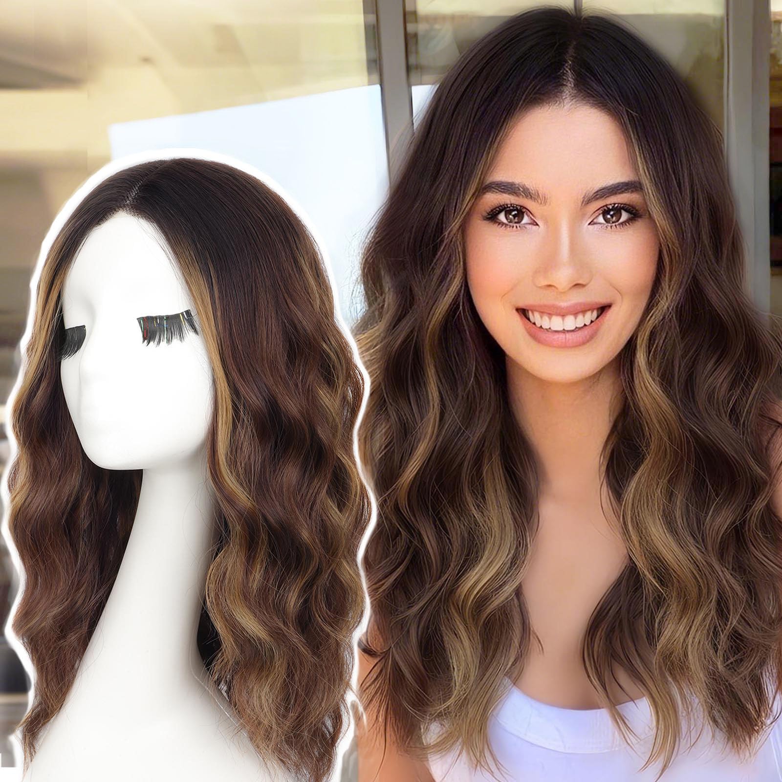 AISI HAIR Highlights Brown Wig for Women Glueless Wavy Curly Lace Front Wig Highlights Brown 18 Inch