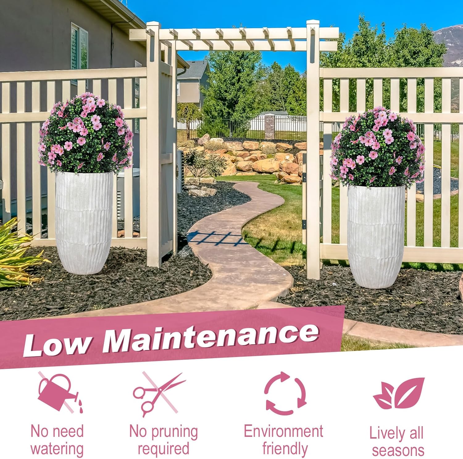 24" Set of 2 Fake Boxwood Ball Topiary Trees with Artificial Flowers for Outdoor Faux Bushes, Realistic UV Resistance Fake Shrub Plant with Spike for Front Porch Garden Patio Decor(Pink)