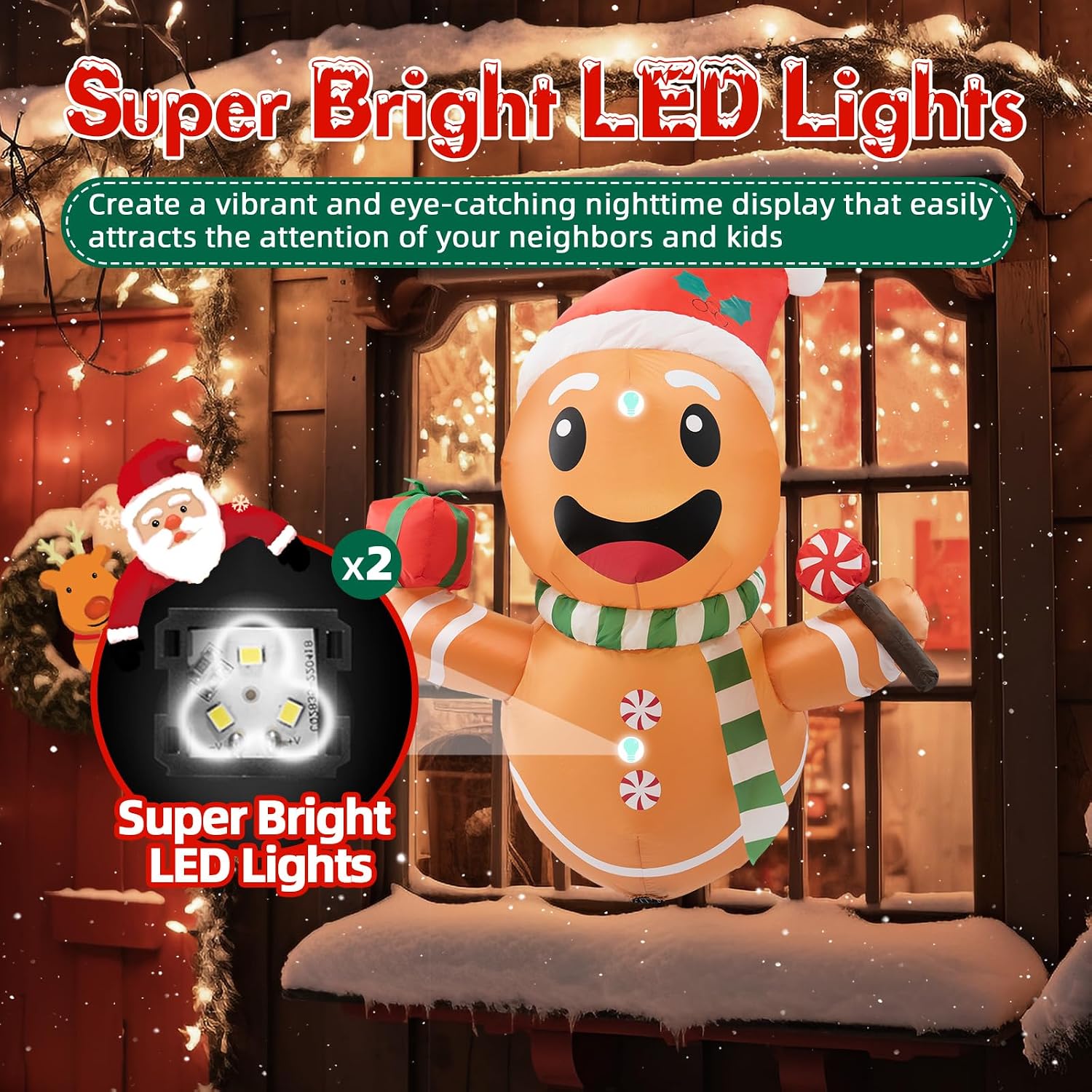 B&D 4FT Christmas Inflatables Gingerbread Man Lean Out from Window Outdoor Decorations, Christmas Window Inflatable Gingerbread Blow Up Yard Decorations Built-in LED Lights for Indoor Lawn Yard Garden image 2