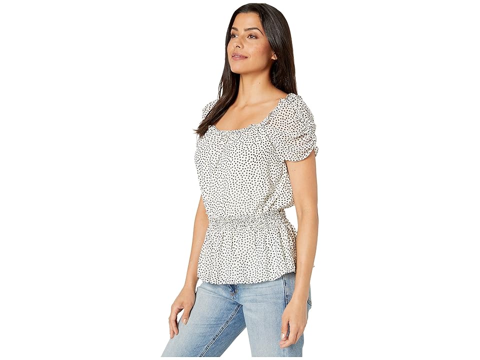 

MAXSTUDIO Waist Smocked Top (Ivory Navy Large Posie Polka Dot All Over) Women's Blouse, Gray