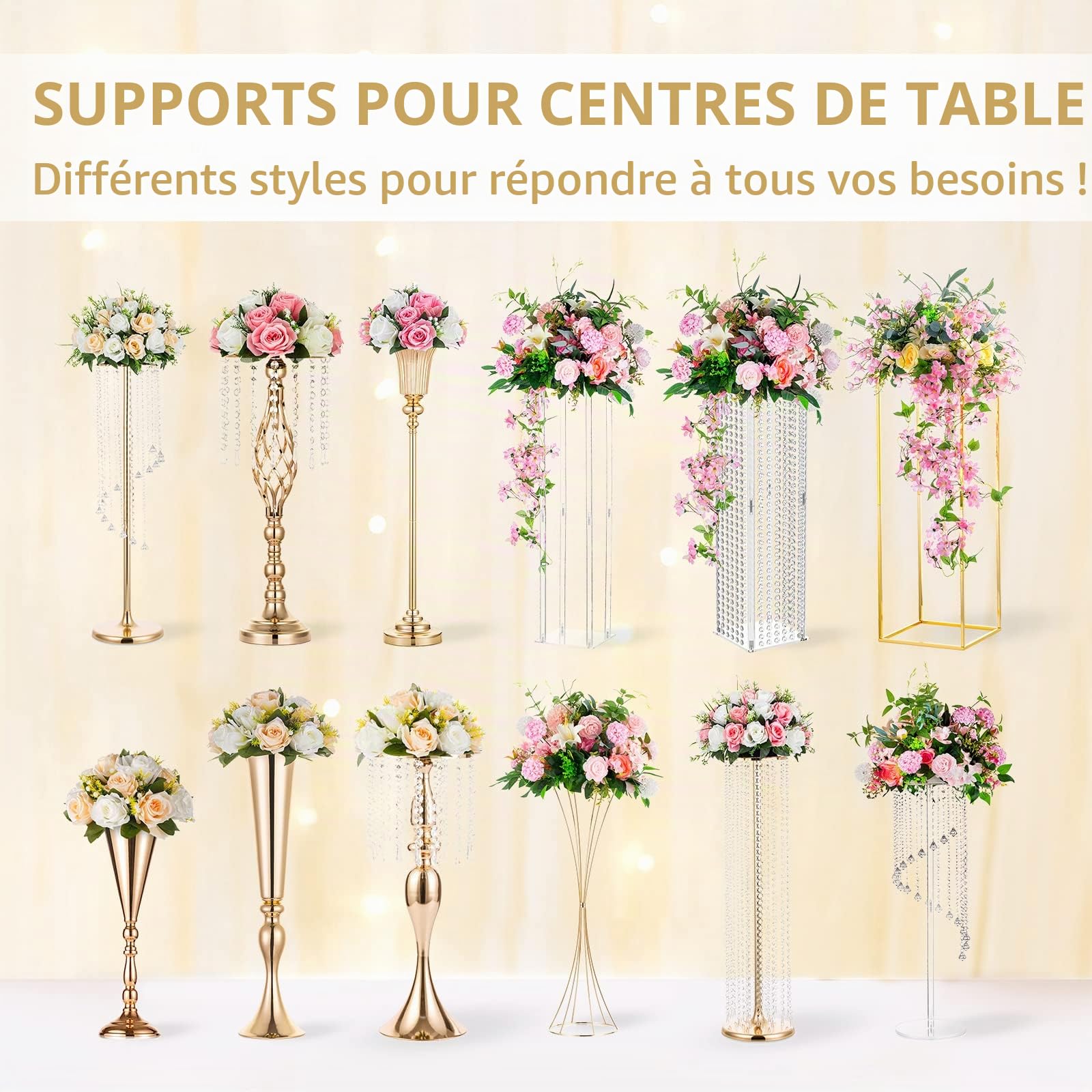 NUPTIO 10 Pièces Fleurs Artificielles, 15 Têtes de Roses Plastique avec Base, Convient au Centre de la Table Mariage Notre Magasin pour Les Fêtes Décoration de Saint Valentin(Champagne&Blanc)