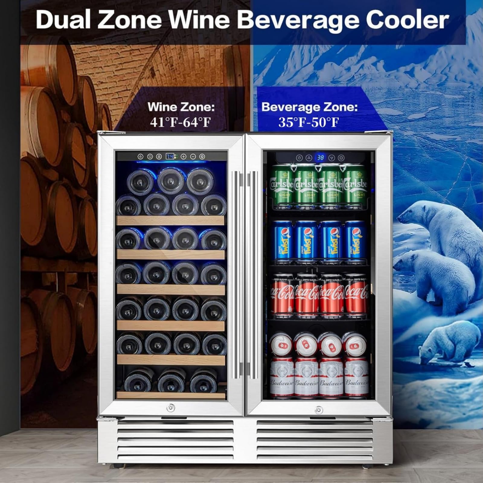 Wine and Beverage Refrigerator with Smart Temperature Control, Large Capacity Wine Cooler 33 Bottles and 100 Cans, Built-In or Freestanding, LED Light, Compressor Cooling for Wine, Champagne, Drinks on Fridge.com