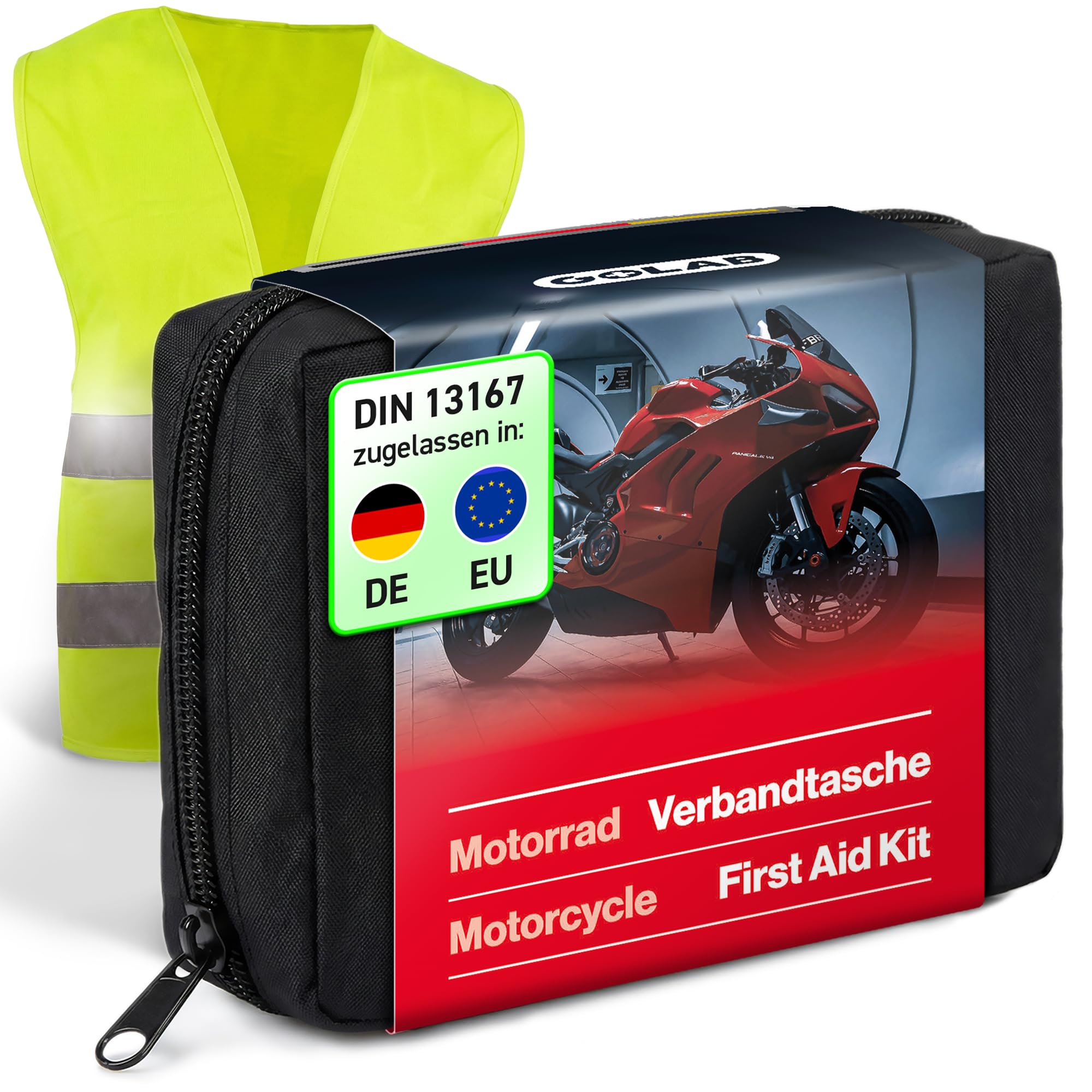 GoLab Erste Hilfe Set Motorrad - klein und kompakt, Verbandtasche nach DIN 13167 mit Warnweste für alle europäischen Länder (Österreich, Schweiz, Italien, Deutschland usw.) - Motorrad Zubehör