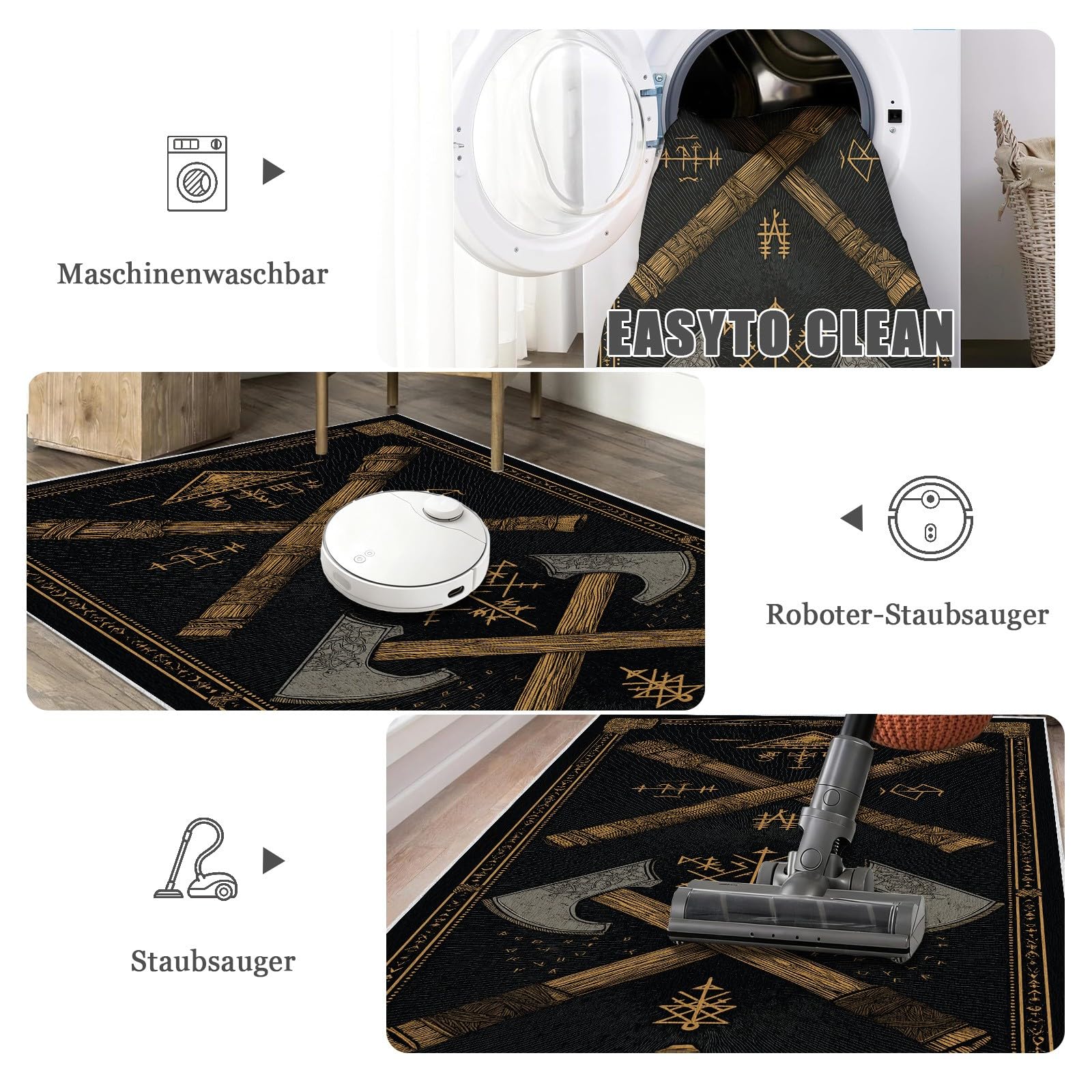Wikinger Axt Teppich Läufer, Wikinger Totem Rune rutschfest Küchenteppich 60x210 cm, Mid Century Kurzflor Küchenläufer Waschbar, Faltbar, Teppichläufer Carpet für Küche, Wohnzimmer