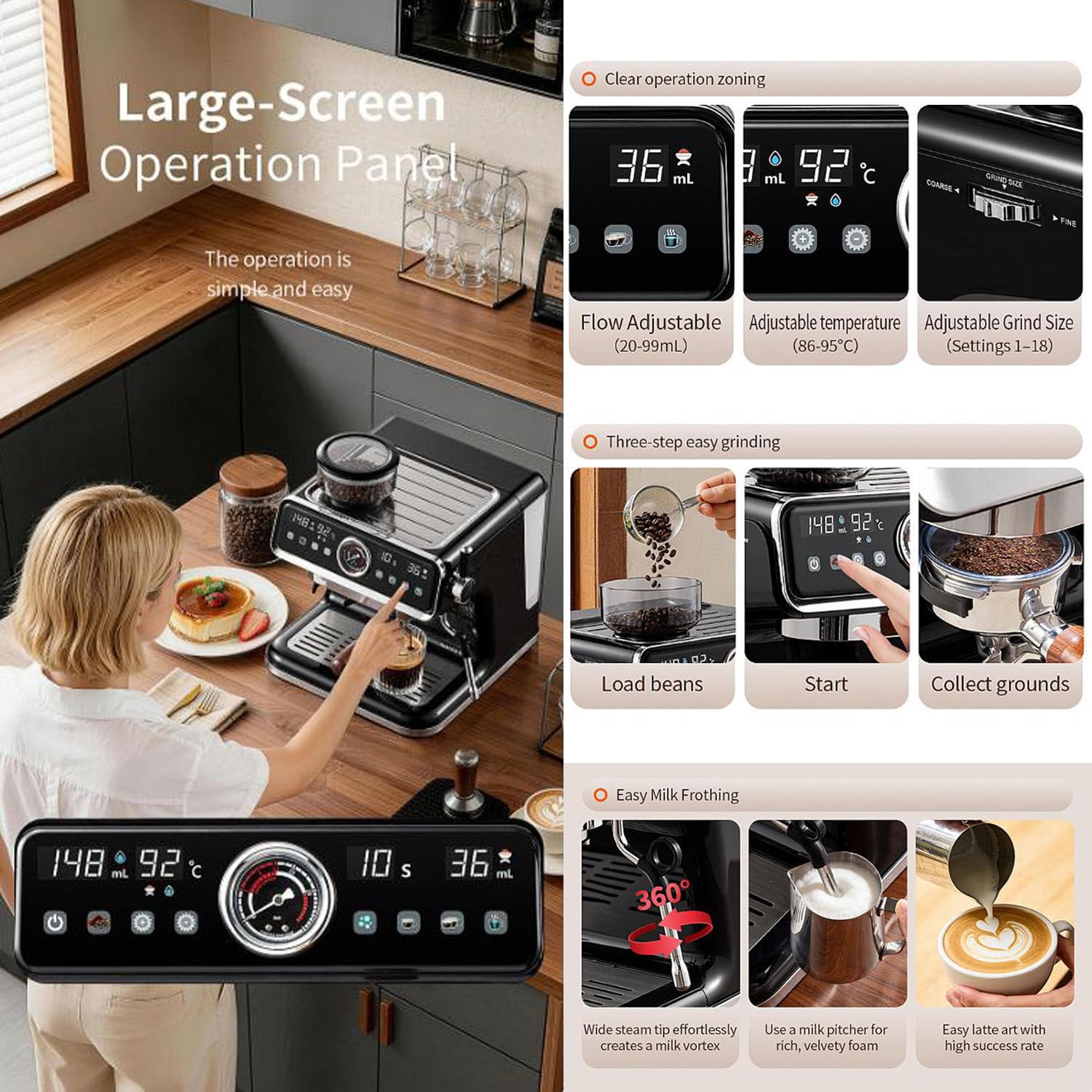 Molinillo de café y cafetera, máquina de Espresso de 20 Bares, ajustes de Temperatura y Volumen, Pantalla táctil LCD, para Baristas caseros o para Preparar Lattes y capuchinos.