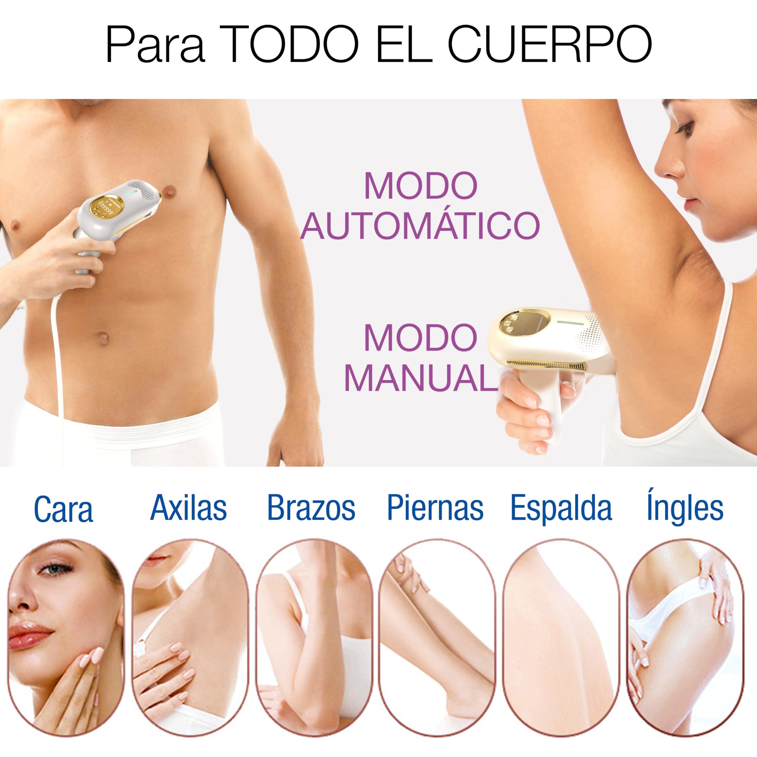 Bye Bye Depiladora IPL Tecnología de Luz Pulsada - 9 Niveles de Intensidad + Modo Frío - 3 Funciones: Depilación, Antiacné y Rejuvenecimiento - 2 Cabezales + Gafas Protección - Ligero, agarre fácil