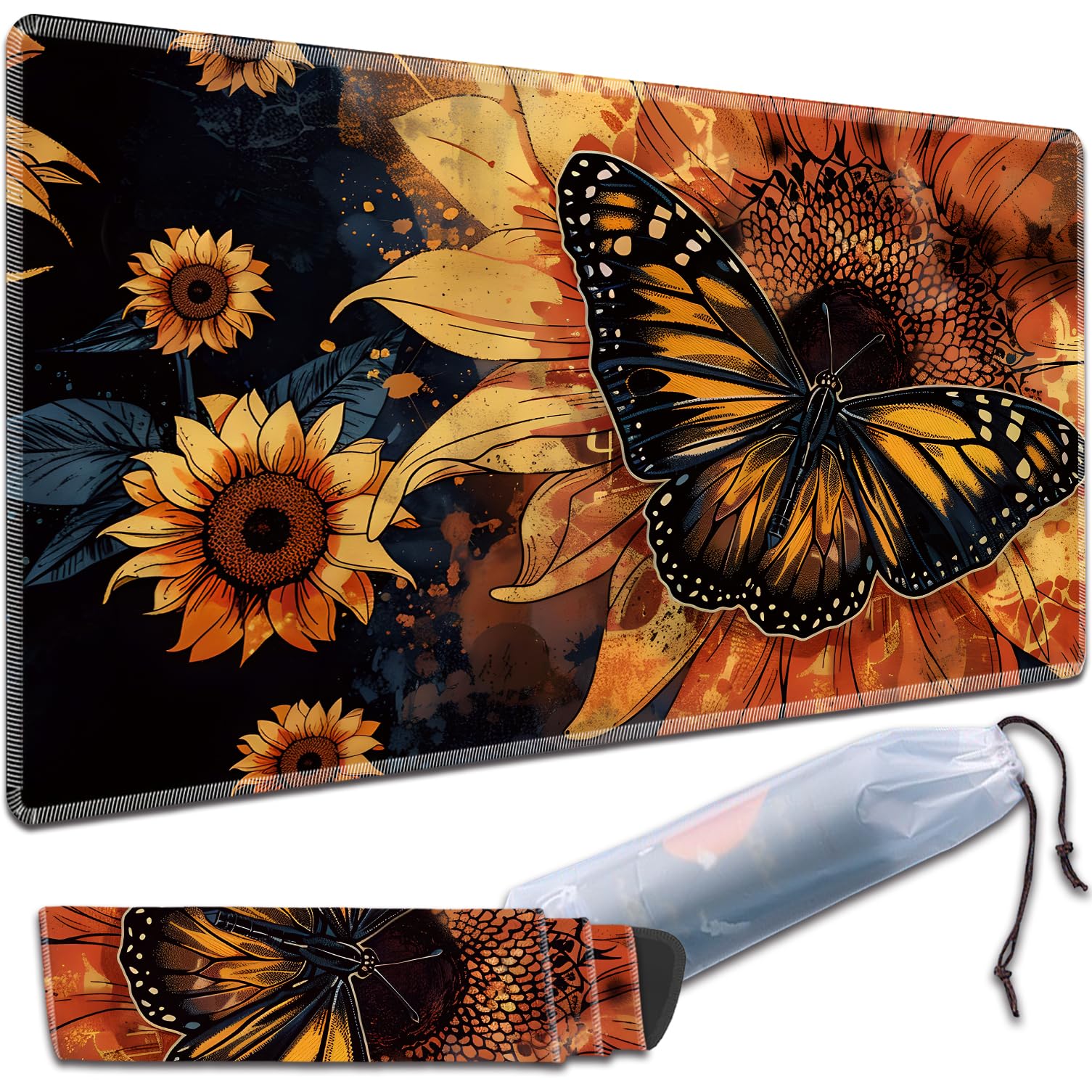 MTG Play Mat, 24 "x 14" Play Mat, TCG Card Play Mat, Surface with Smooth Stitched Edge, with Storage Bag MTG Fighting Game Mat Table Mat, Dusk Sunflower Butterfly