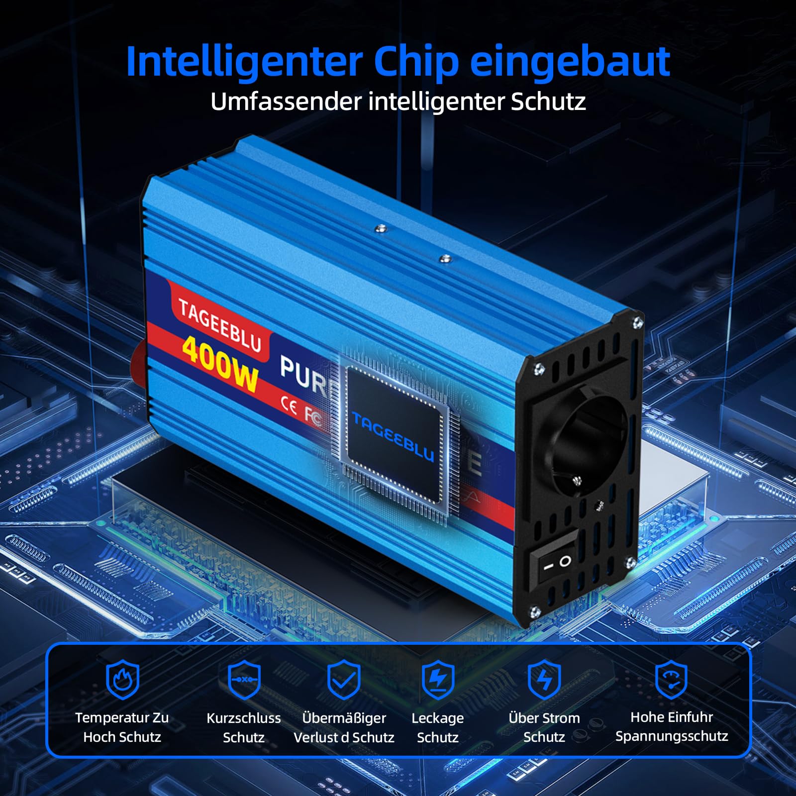 400W wechselrichter 12v auf 230v Reiner Sinus, spannungswandler 12v 230v, Wechselrichter für Fahrzeuge mit Alligatorclip, AC Steckdose und LCD Bildschirm