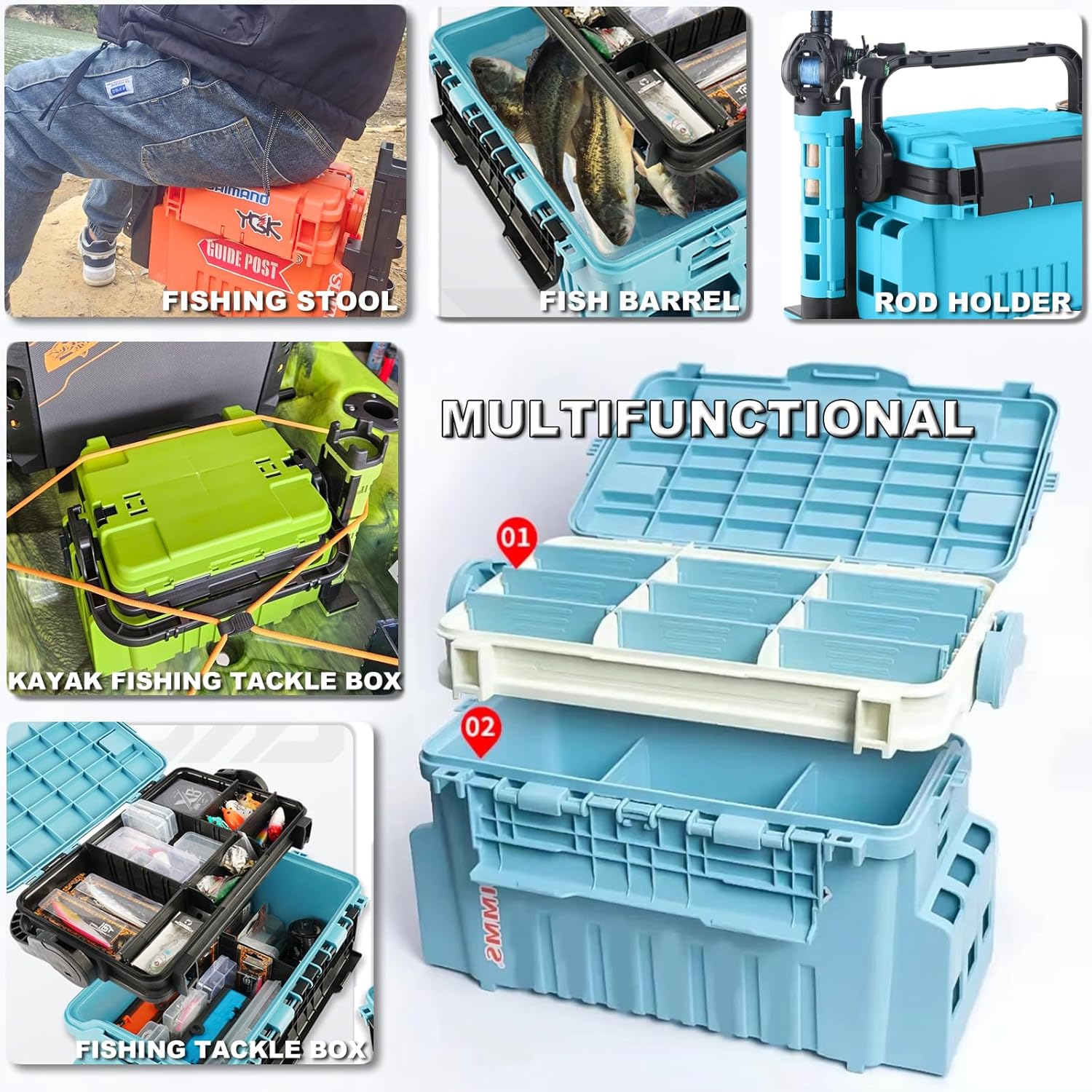 Fishing Tackle Box Double-layer storage with large capacities of 6 liters and 12 liters, respectively; can be used as a seat; comes with a cup holder and a fishing rod holder (Chartreuse, 6L)