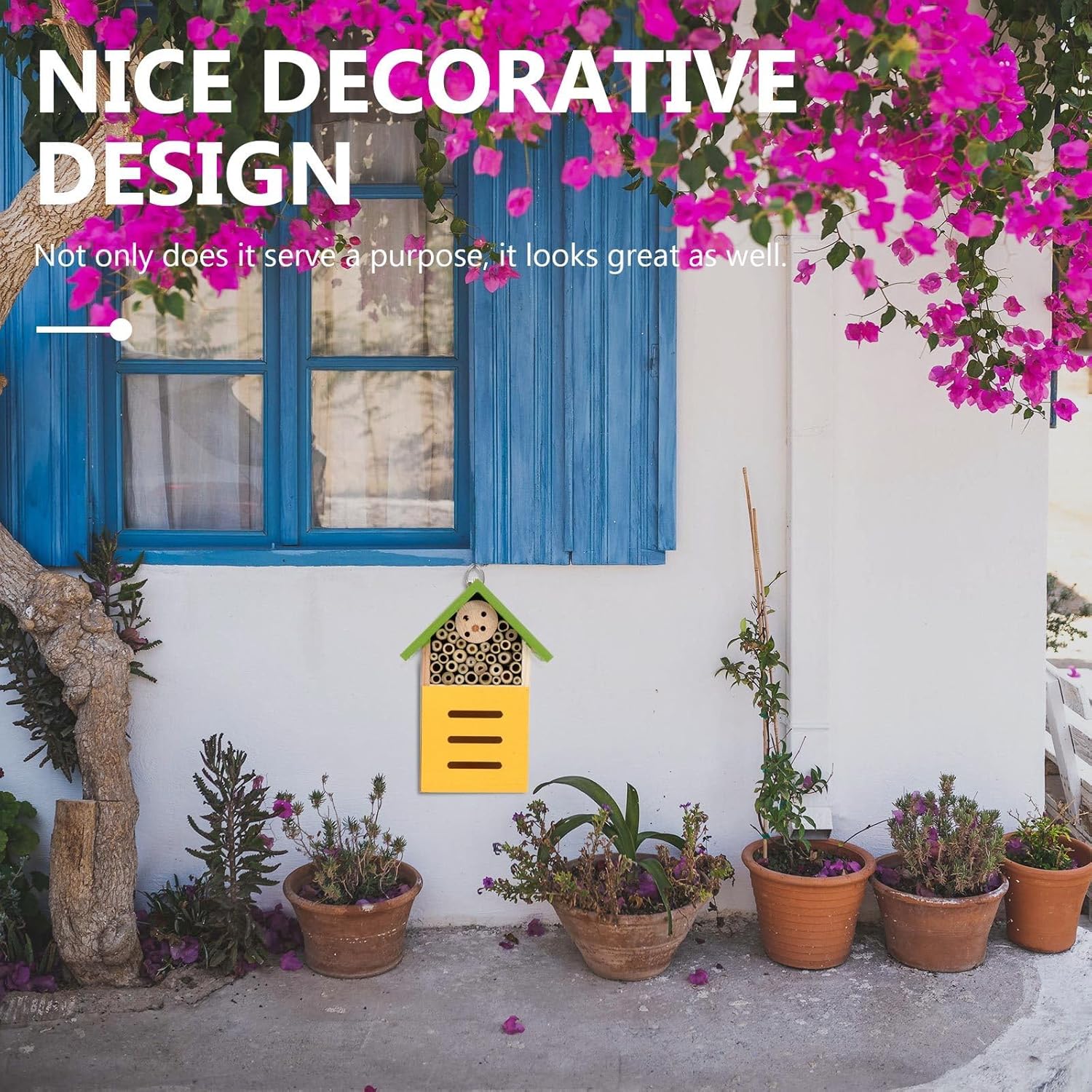 Decorative Wooden Bee House Outdoor Garden Insect Cabin Hanging Painted Natural Wood Insect Hotel for Bees Ladybugs Habitat