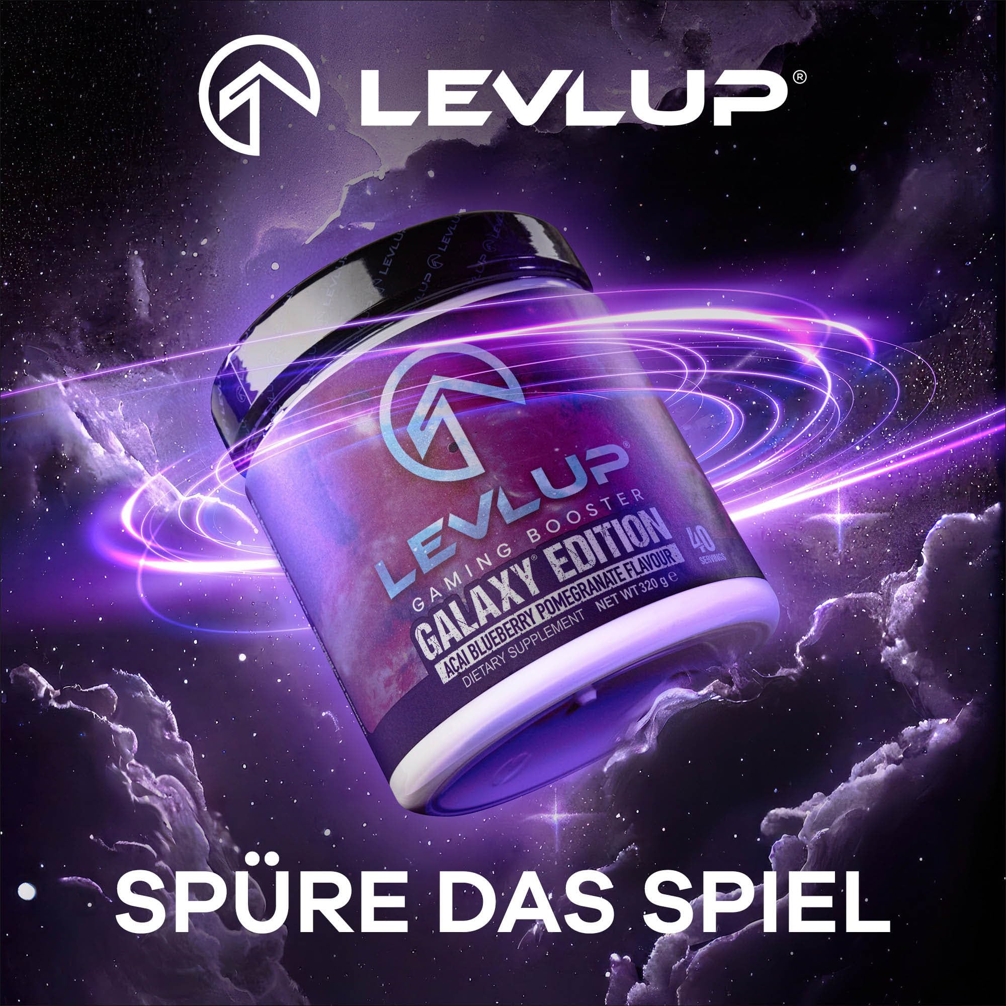 LevlUp Galaxy Edition Gaming Booster - Energy Drink für Gamer - Mit Taurin, Koffein, L-Tyrosin, Vitamin B12 - Açaí, Heidelbeere und Granatapfel - 320g - 40 Portionen