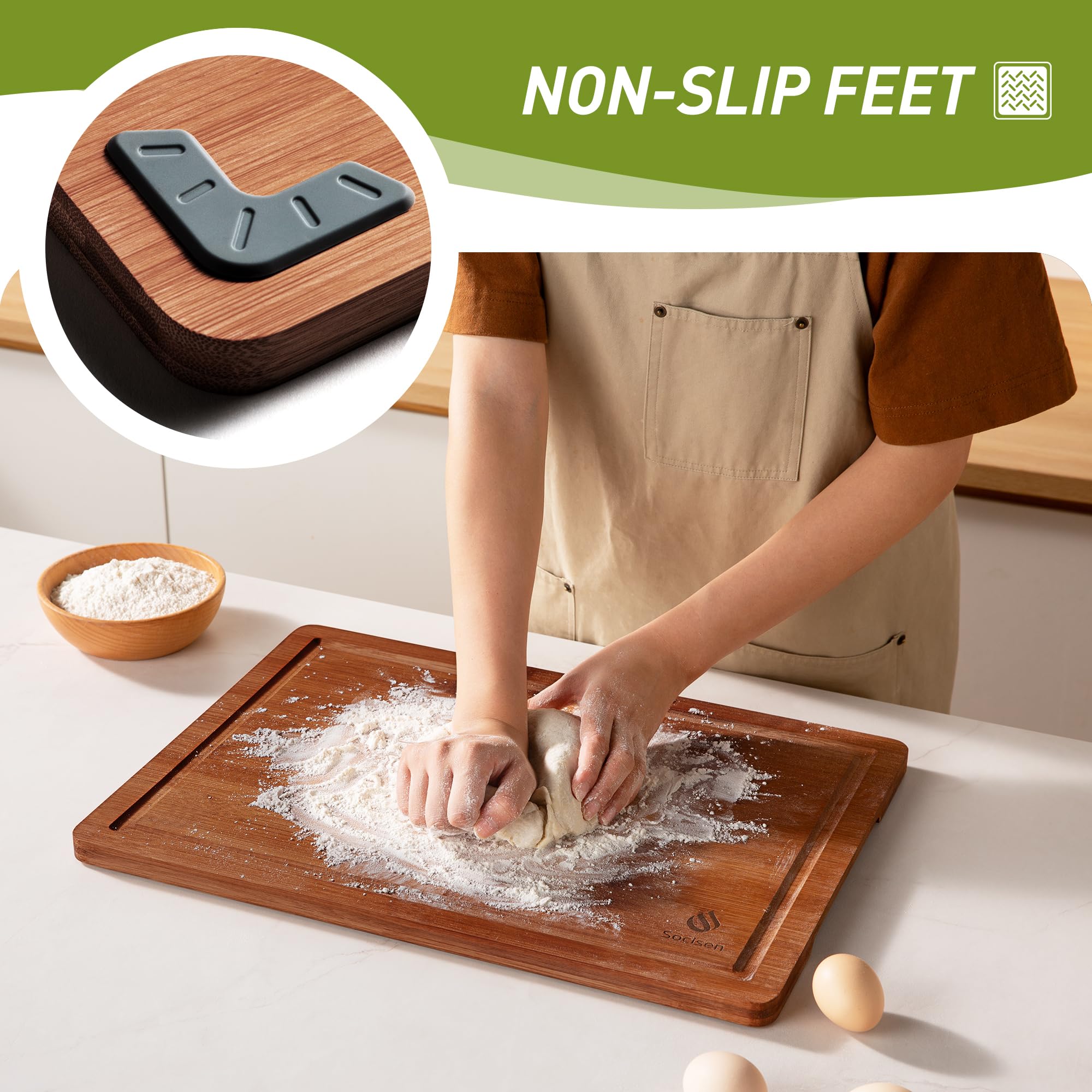Socisen Juego de tablas de cortar de bambú de 3 piezas con pies antideslizantes y sobre el fregadero, tablero de madera maciza, ranuras gruesas para jugo, extragrande, grande, pequeña, la mejor