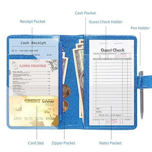 Miniatura 3 de MCmolis - Cartera de cuero con cierre magnético, bonito organizador de libros de camareros y camareros con bolsillo con cremallera para delantal,