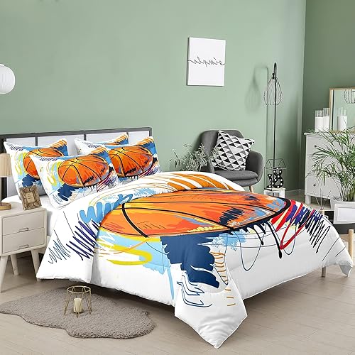 Miniatura 2 de Bodhi Juego de edredón deportivo de baloncesto dibujado a mano en 3D para niños y adolescentes, juego de ropa de cama de microfibra suave con fundas