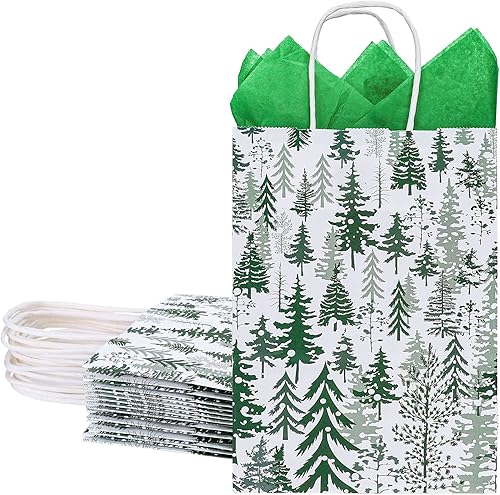 Whaline Paquete de 12 bolsas de regalo de papel de Navidad con asa para invierno, tamaño mediano, acuarela, árbol de Navidad, bolsas de dulces con