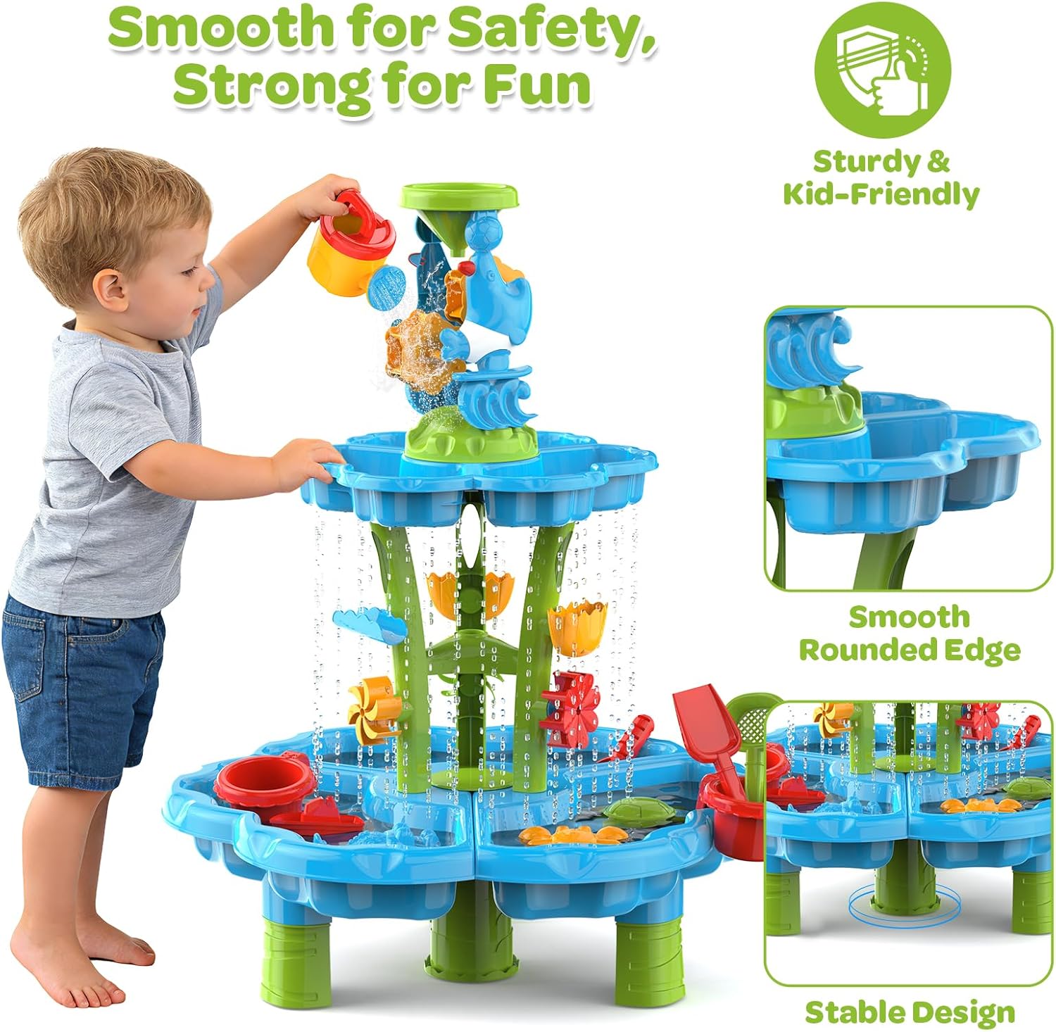 3-Tier Kids Toddlers Water Sand Table - Multifunctional Summer Outdoor Toys with Stable Design,Sensory Learning Backyard Poolside Beach Activity Playset Gift for Boys Girls(Azure)