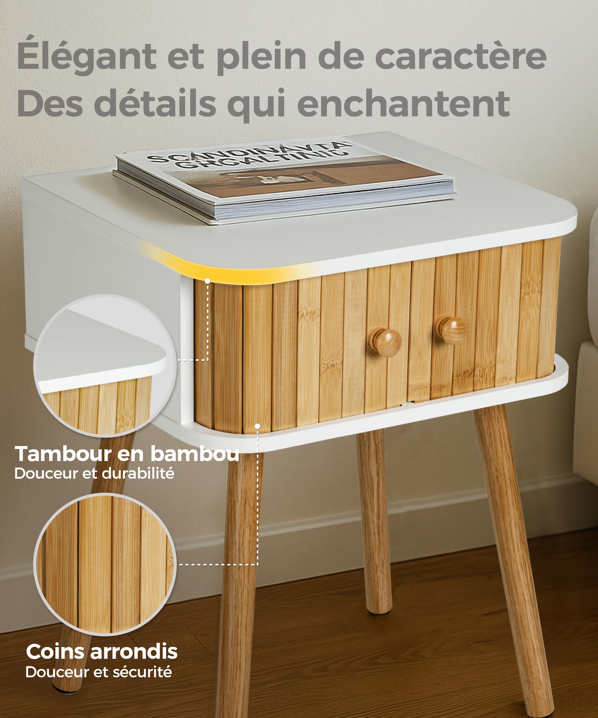 SUMGAR Tables de Chevet Blanche Table de Nuit Commode Bambou avec 2 Portes Coulissantes, Pieds en Bois Massif, Table d’Appoint, pour Chambre, Salon, Décoration Boho 38x30x15cm Blanc