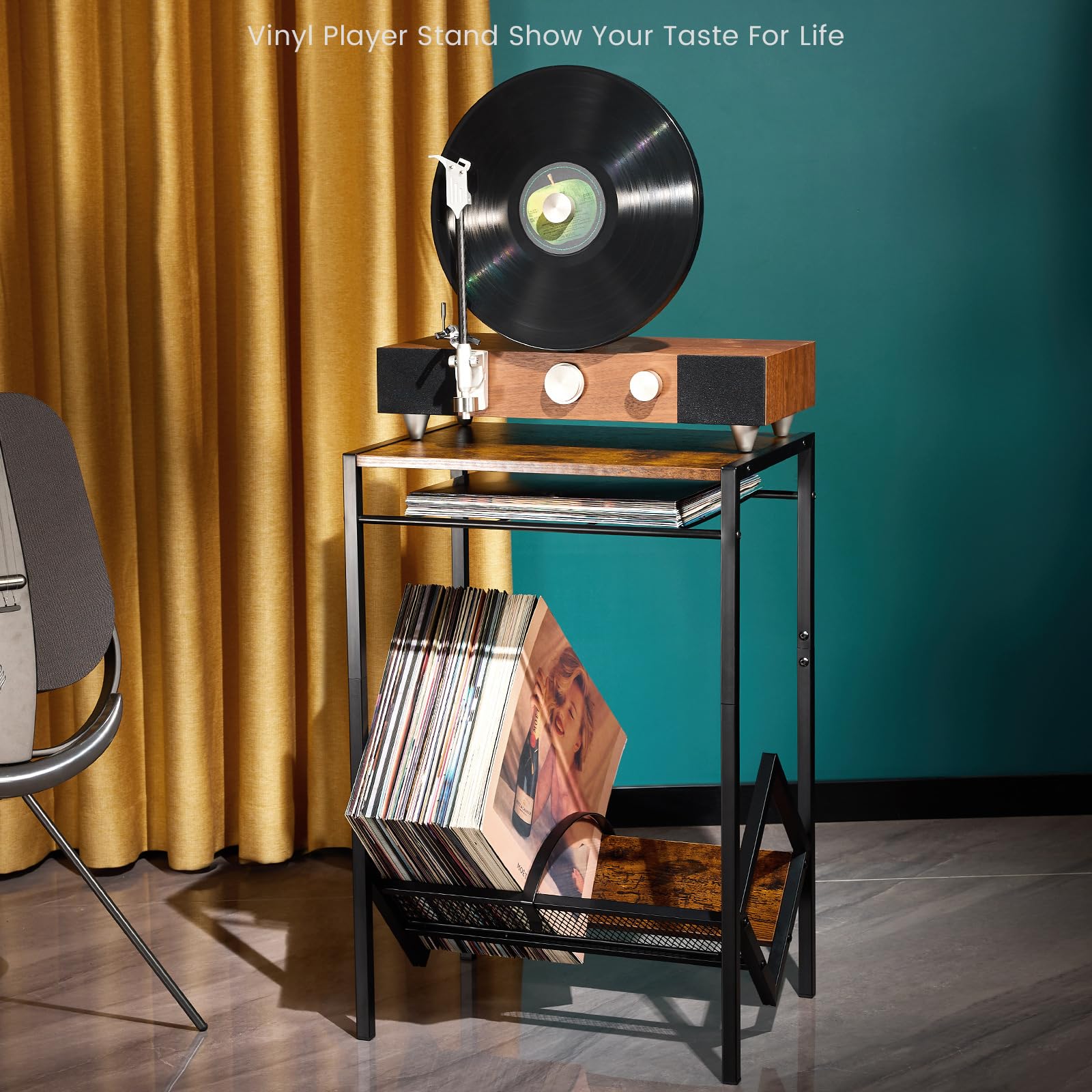Soporte para tocadiscos de 2 niveles con almacenamiento de vinilo, soporte giratorio retro para 80 | Organizador pequeño de madera y metal con ruedas para esquina de sala de estar