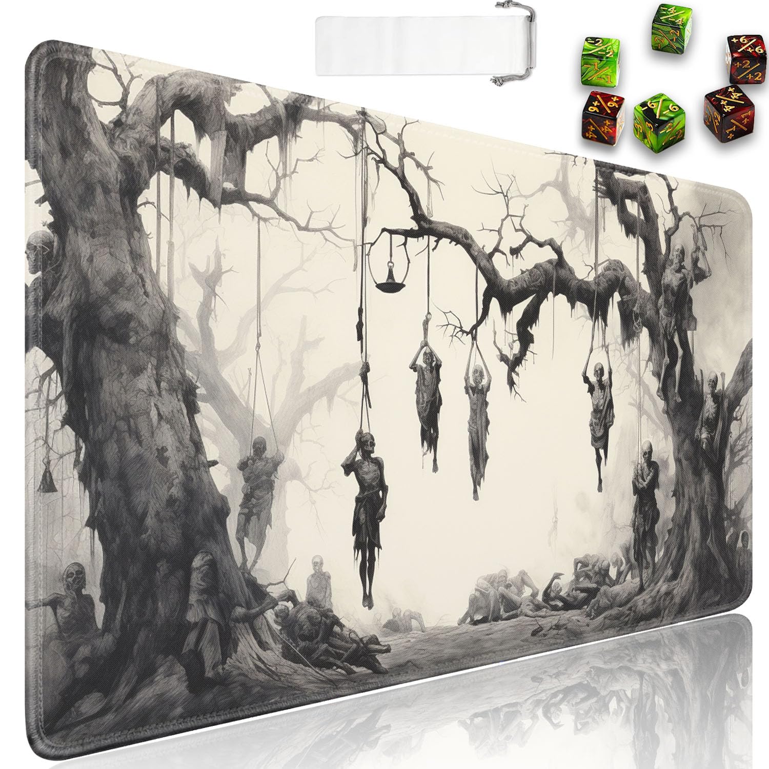 MTG - Tapete de juego + bolsa de viaje con cordón + 6 contadores de dados, para juegos de cartas coleccionables de mesa o alfombrilla de mouse grande, goma antideslizante de 24 x 14 pulgadas, árbol de