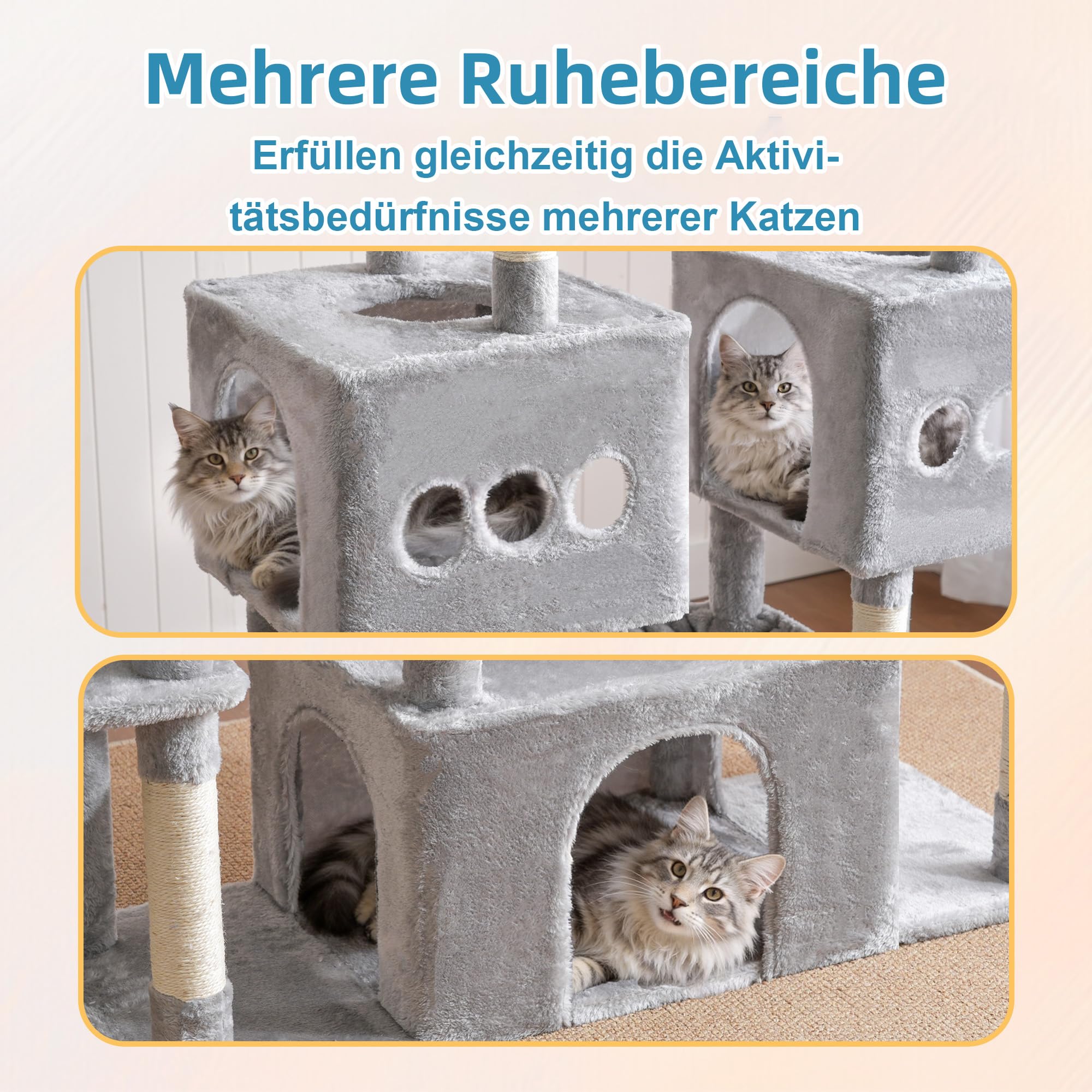 Hey-brother Arbre à Chat, Tour de Jeux Multiniveaux 144cm pour Maine Coon, avec 3 Grandes grottes, Plateformes spacieuses, Niche Confortable et Balle Peluche Suspendue, Gris Clair MPJ083W