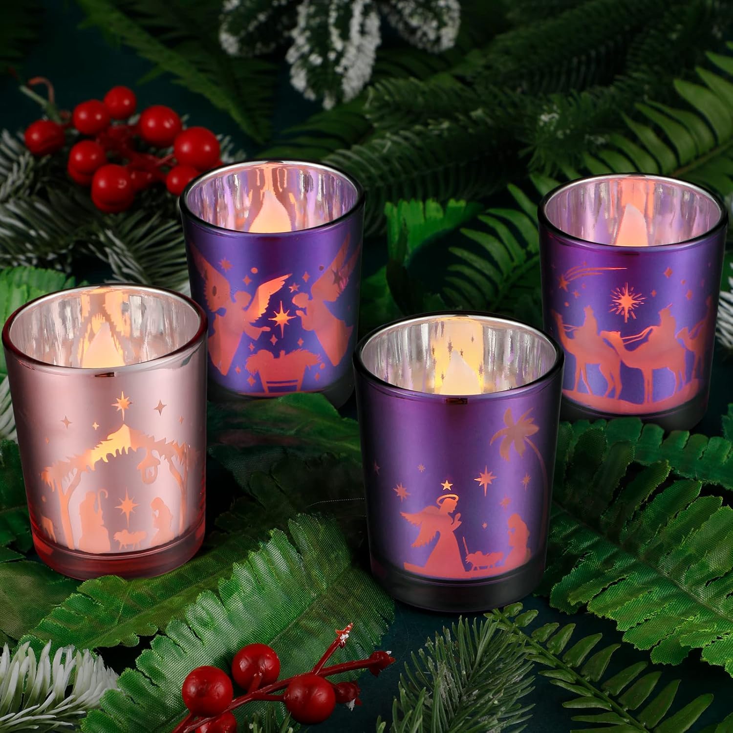 4 Pcs Christmas Advent Votive Candle Holders Nativity Scene