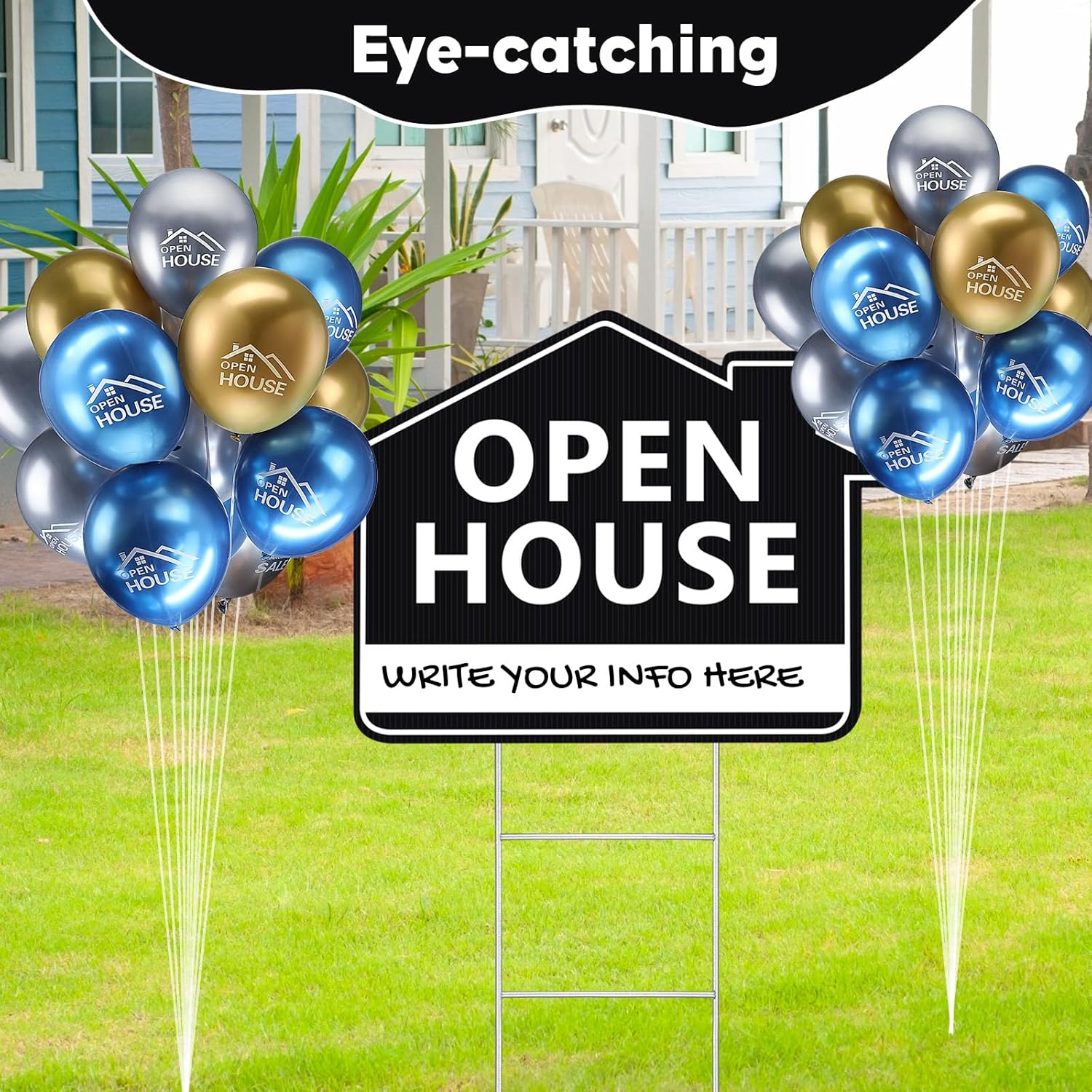 Beeveer 63 Pcs Open House Signs with Stakes for Estate Large Double Sided Estate Sale Yard Signs with 24 Metallic Balloons Markers Ribbons Directional Arrows Agent Supplies(24 x 18 Inch,Black)